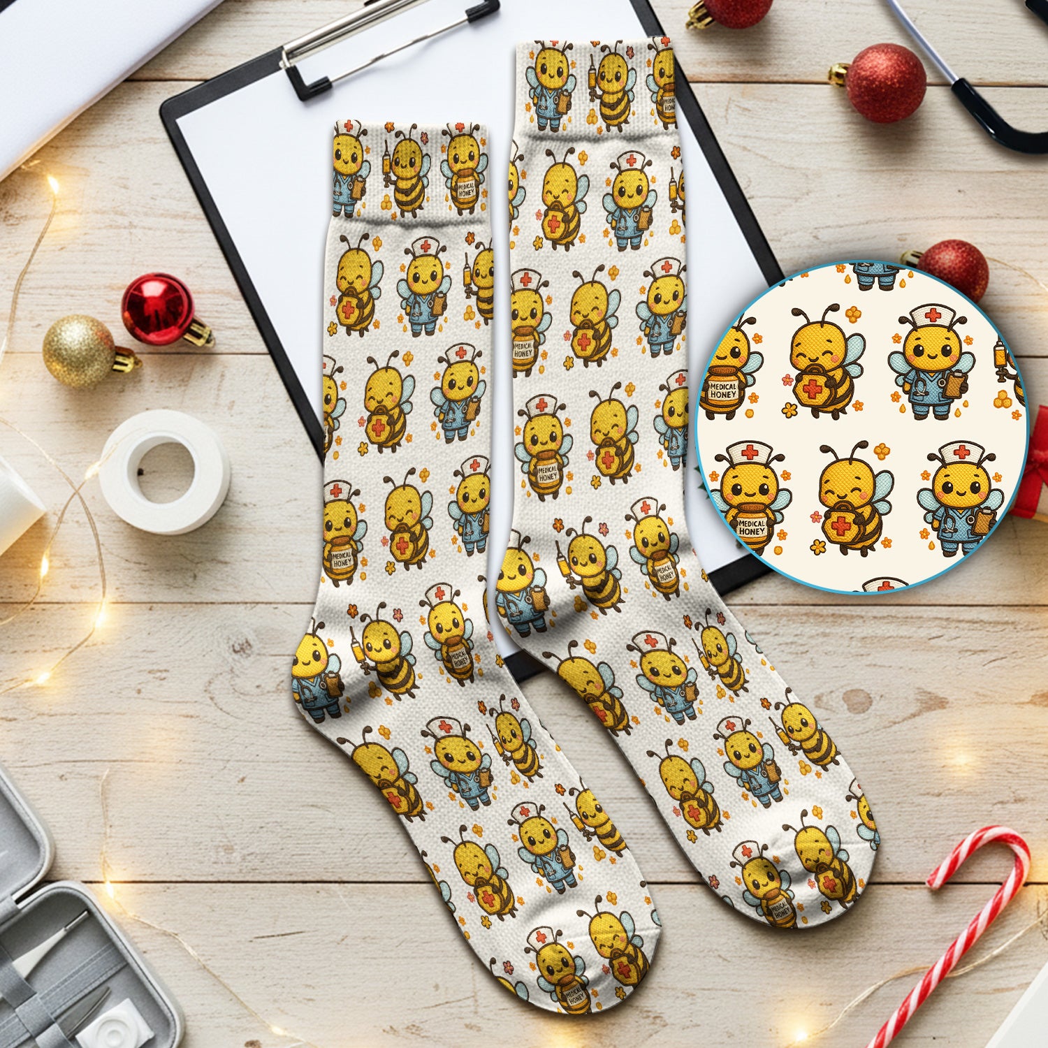 Cute Nurse Bee Scrub Socks, Kawaii Medical Honey Bee Pattern Sock for Nursing Professionals
