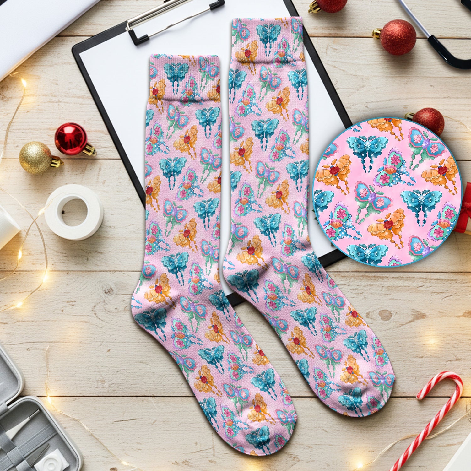 Colorful Butterfly With Floral Blossom Pattern Socks, Adult Socks for Men and Women