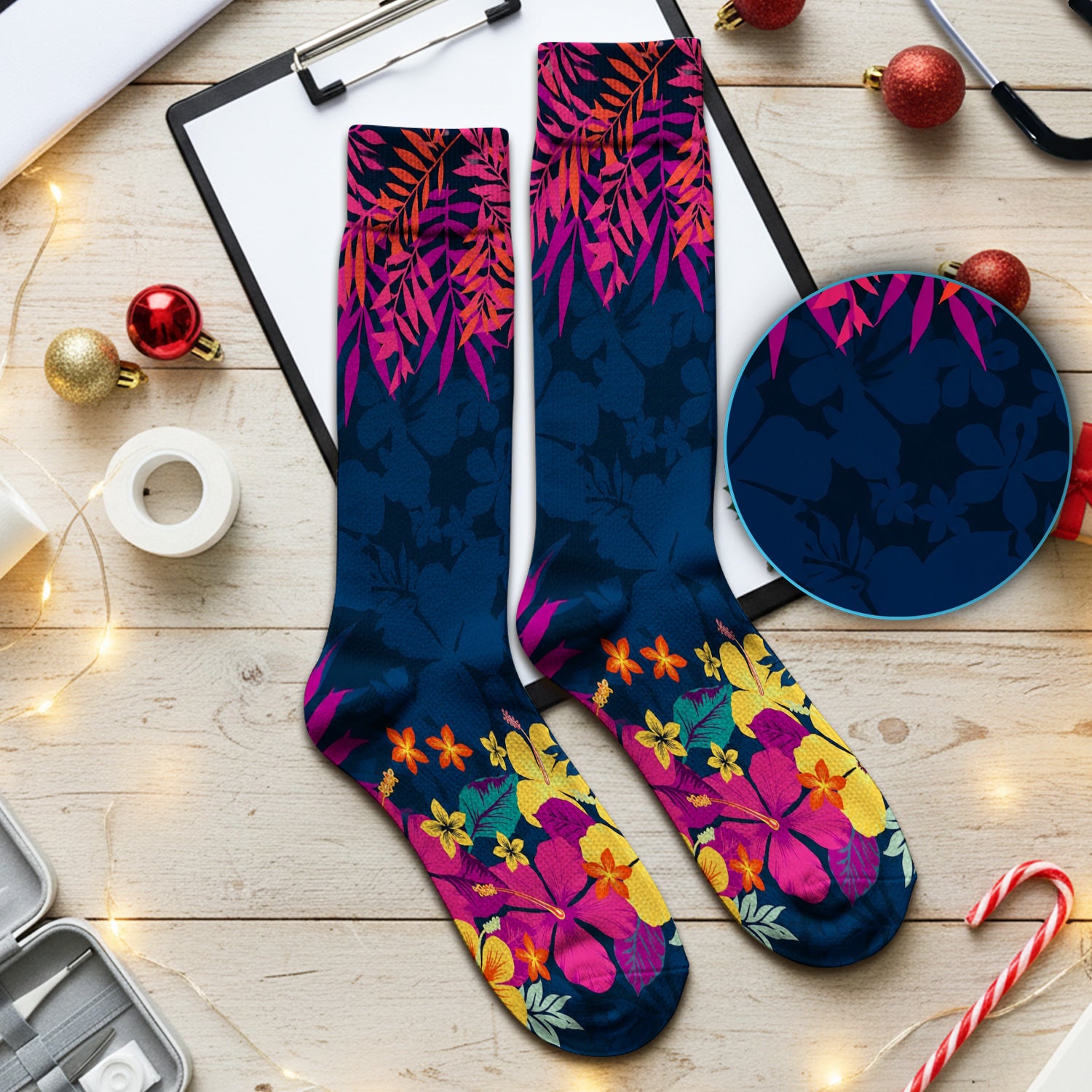 Tropical Hibiscus Palm Leaf Pattern Socks, Adult Socks for Men and Women