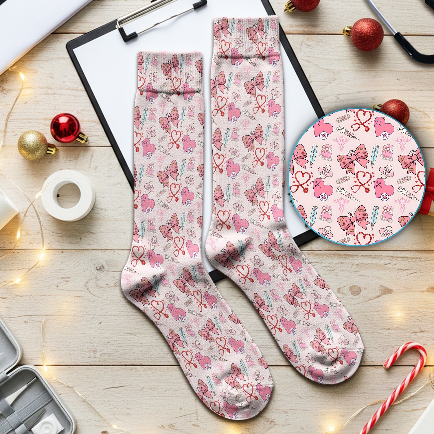 Pink Nurse Bow Heart Print Scrub Socks, Adult Socks for Men and Women