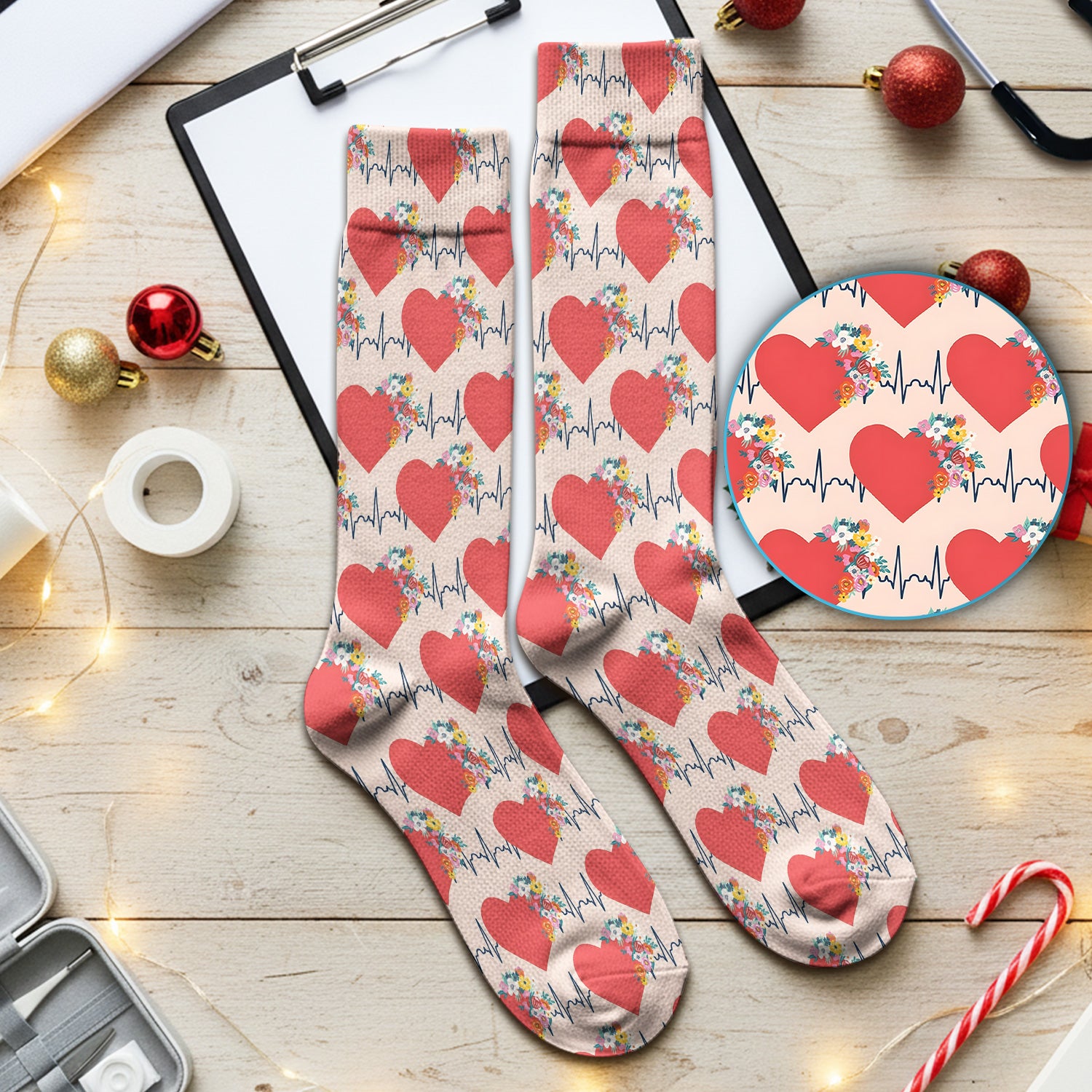 Nurse Heartbeat Floral Pattern Print Socks, Adult Socks for Men and Women