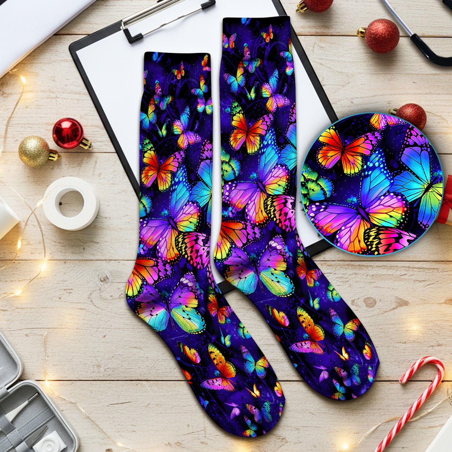 Vibrant Rainbow Butterfly Galaxy Pattern Socks, Adult Socks for Men and Women