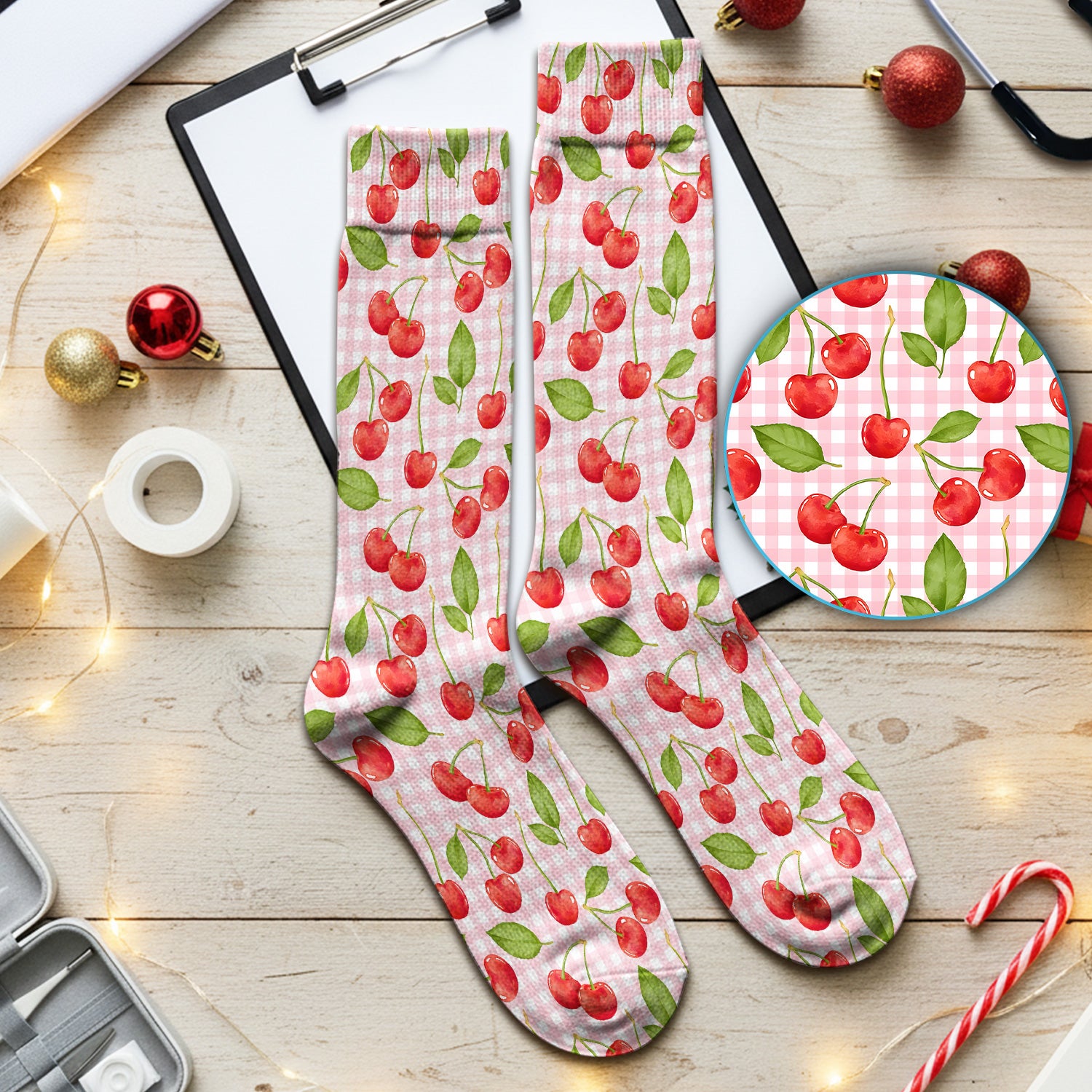 Sweet Red Cherry Gingham Pattern Socks, Cute Medical Staff Socks