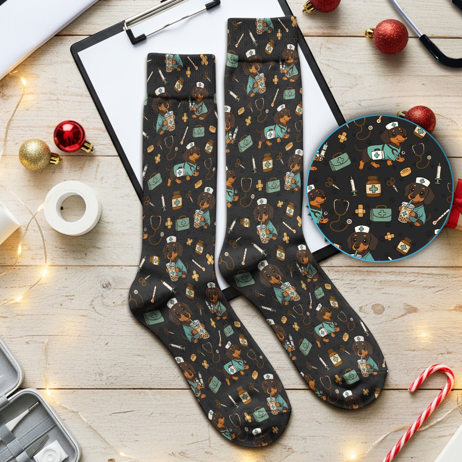Funny Dachshund Nurse Scrubs Socks - Cute Dog Print Medical Sock - Holiday Nurse Scrub Gift for RN CNA Doctor