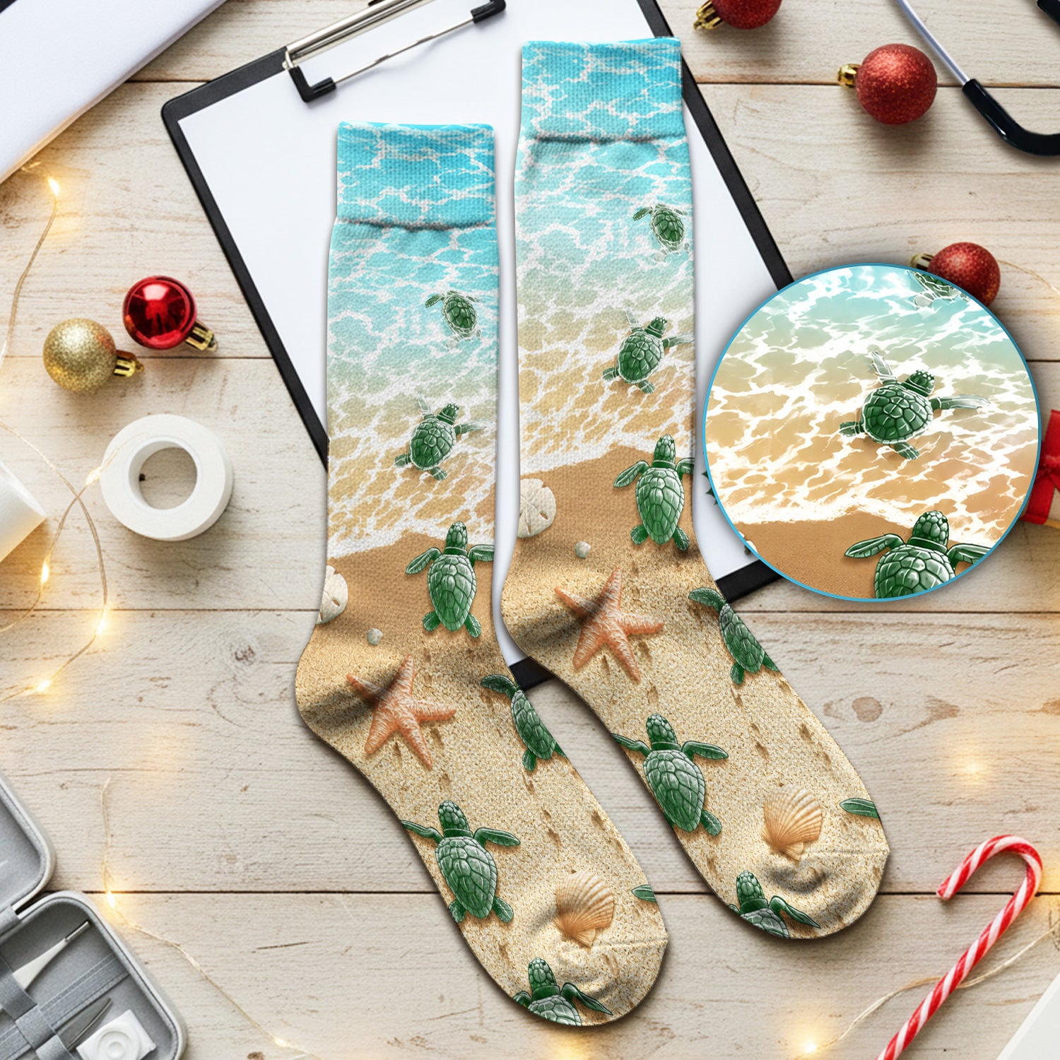 Coastal Sea Turtle Beach Pattern Socks, Adult Socks for Men and Women