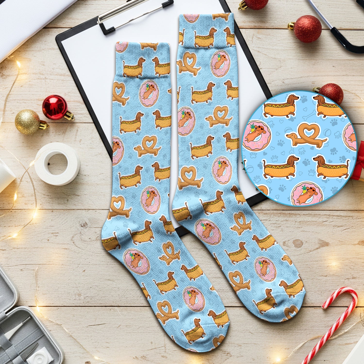 Cute Dachshund Donut Heart Pattern Socks, Socks for Nurse Doctor