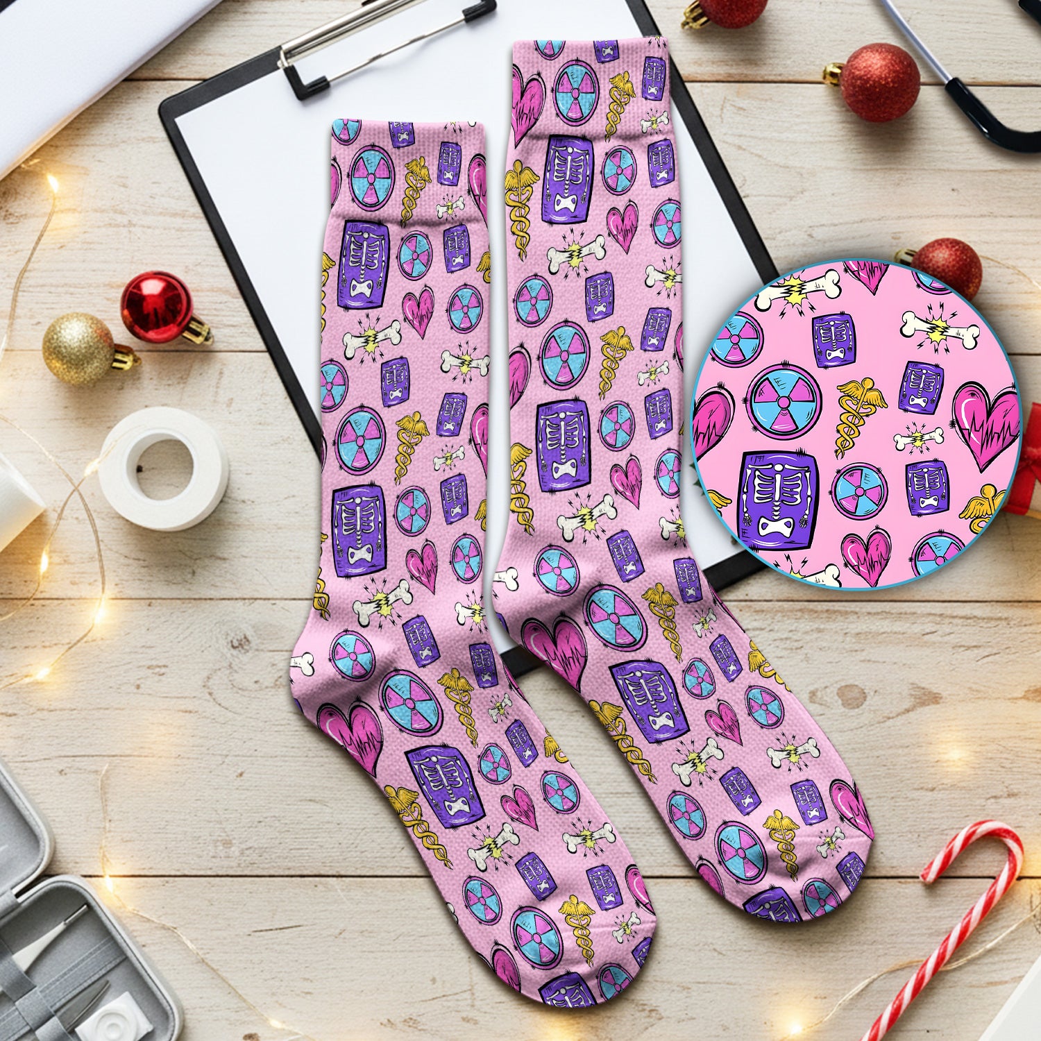 Sassy Nurse Heart Bone Caduceus Xray Icon Print Nurse Socks, Adult Socks for Men and Women