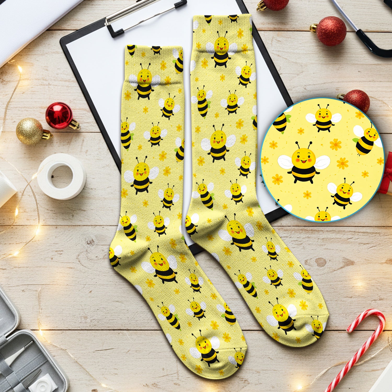 Cute Smiling Bee Yellow Floral Print Socks, Adult Socks for Men and Women