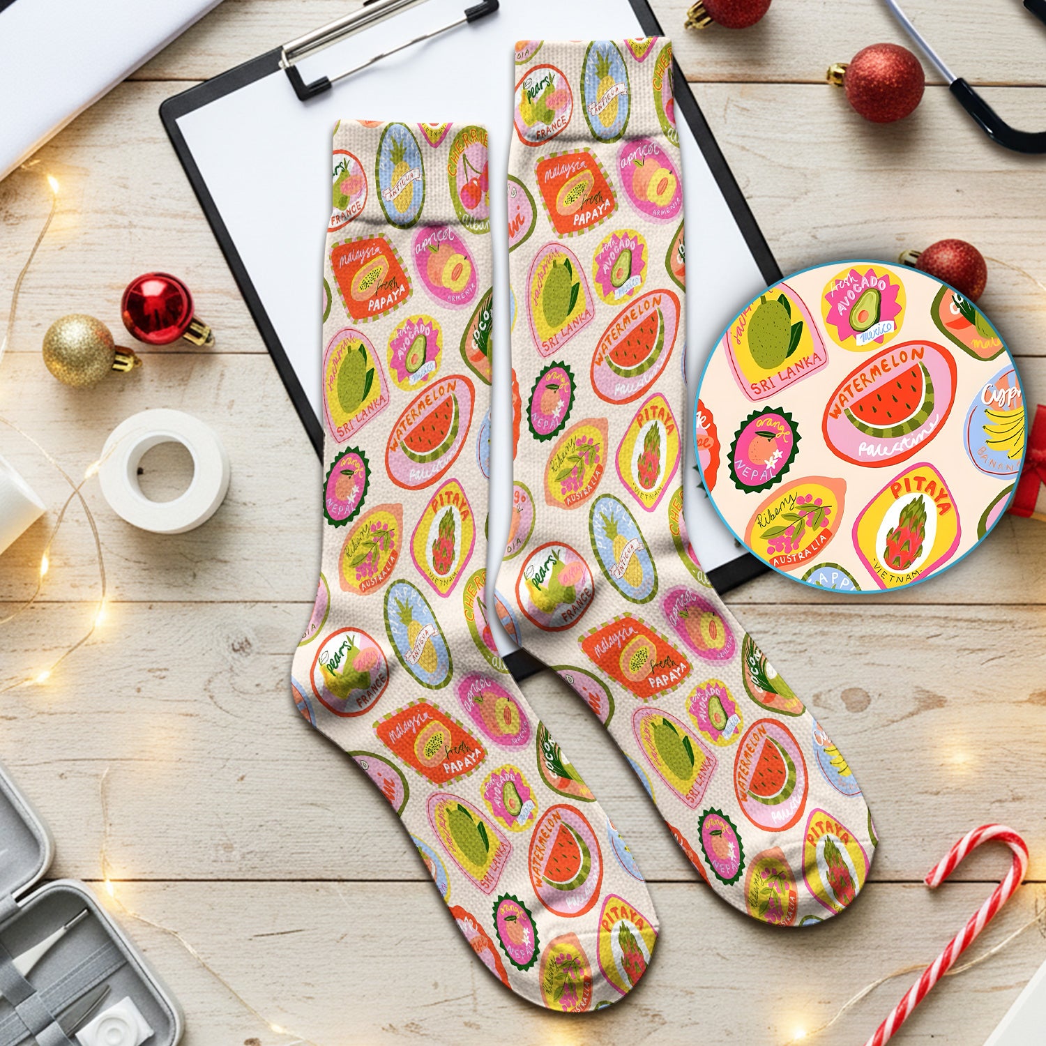Summer Colorful Fruit Sticker Pattern Socks, Socks for Nurse Doctor