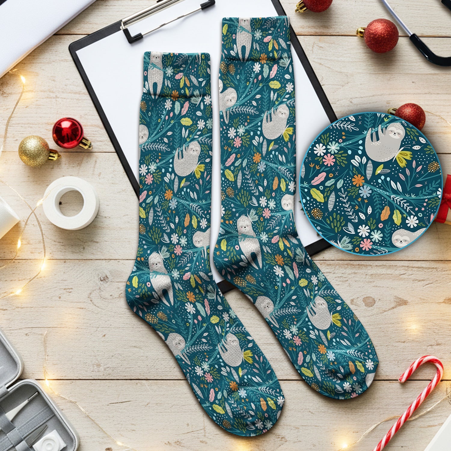 Cute Sloth Jungle Leaf Floral Pattern Socks, Socks for Nurse Doctor