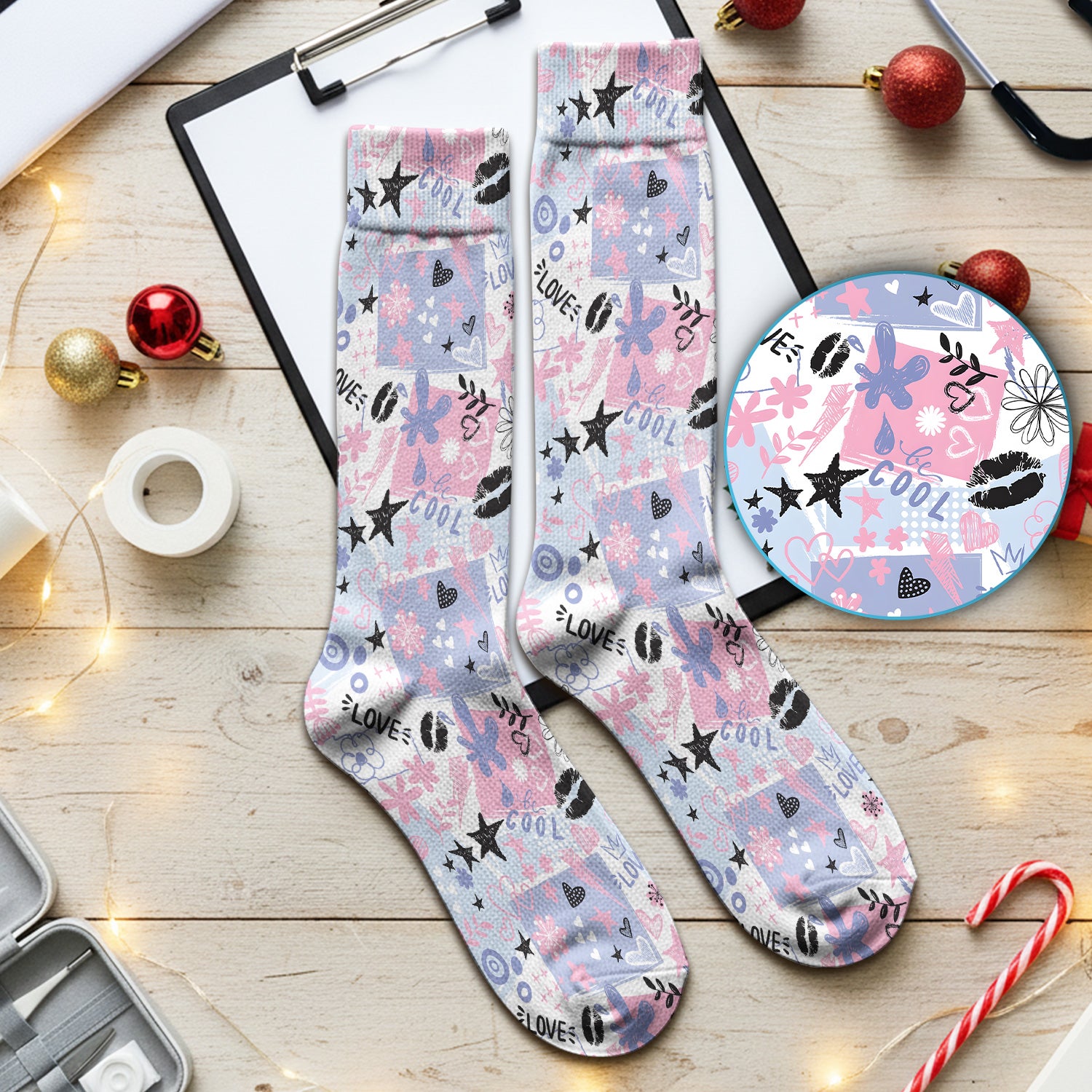 Cute Love Hearts Doodle Print Socks, Adult Socks for Men and Women