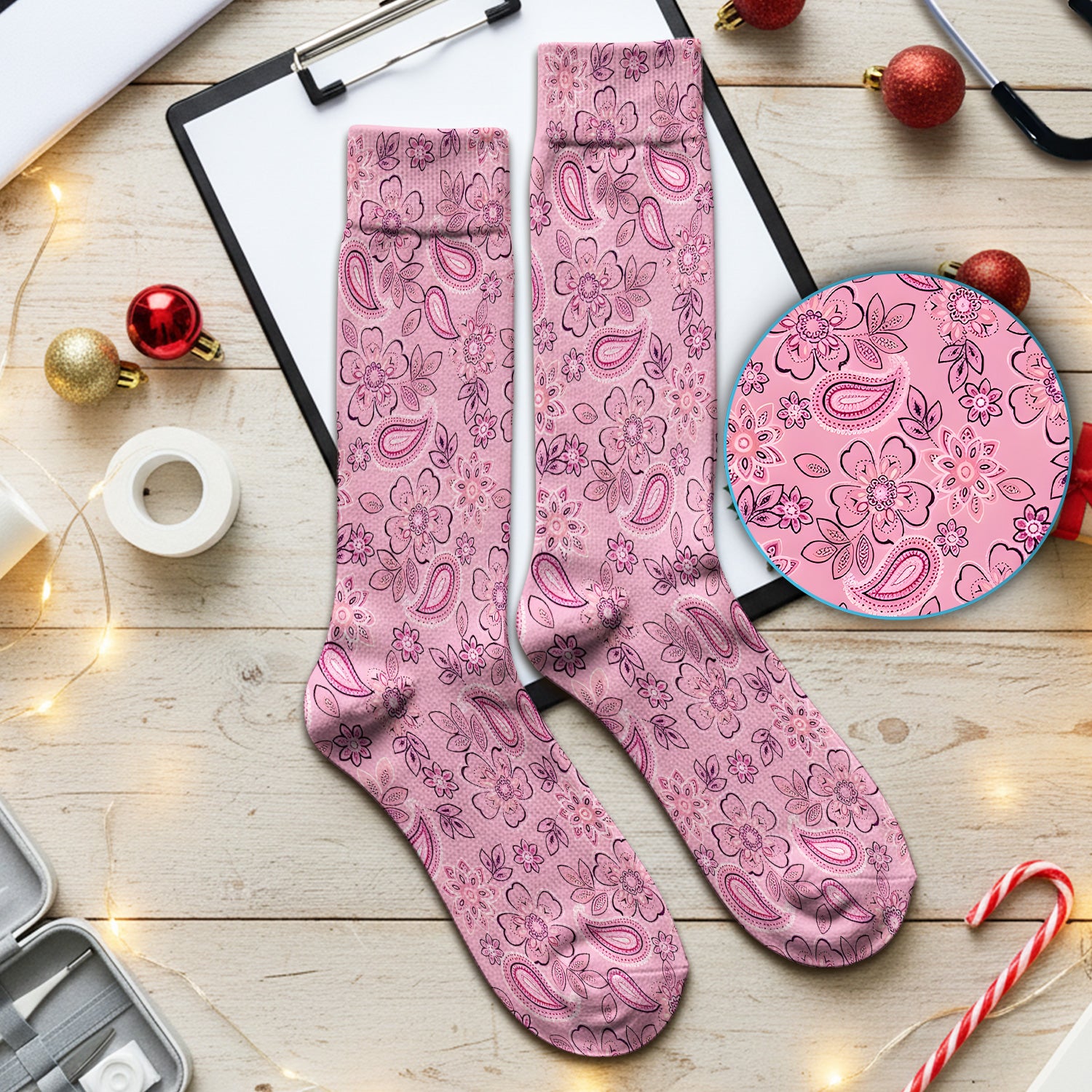 Pink Paisley Floral Nurse Pattern Socks, Adult Socks for Men and Women
