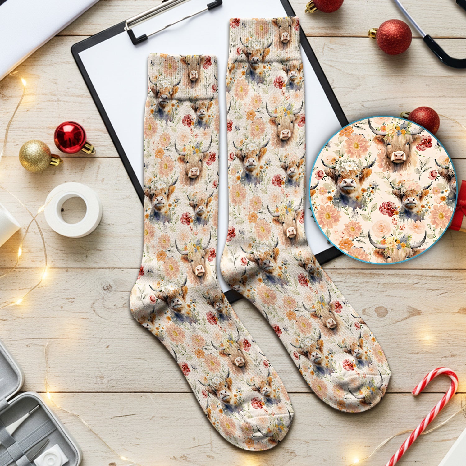 Cute Highland Cow Floral Pattern Socks, Adult Socks for Men and Women