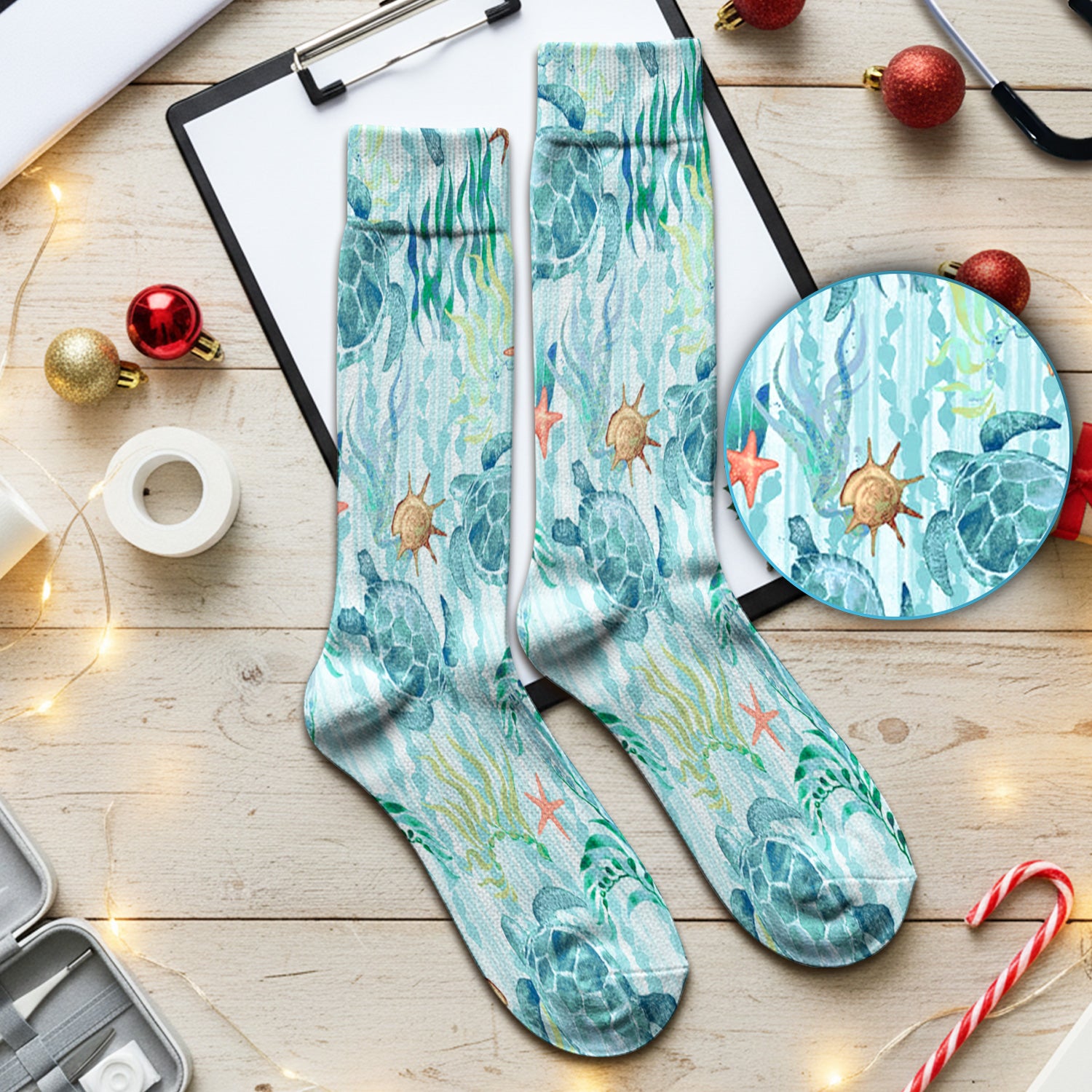 Sea Turtle Ocean Print Nurse Socks, Adult Socks for Men and Women