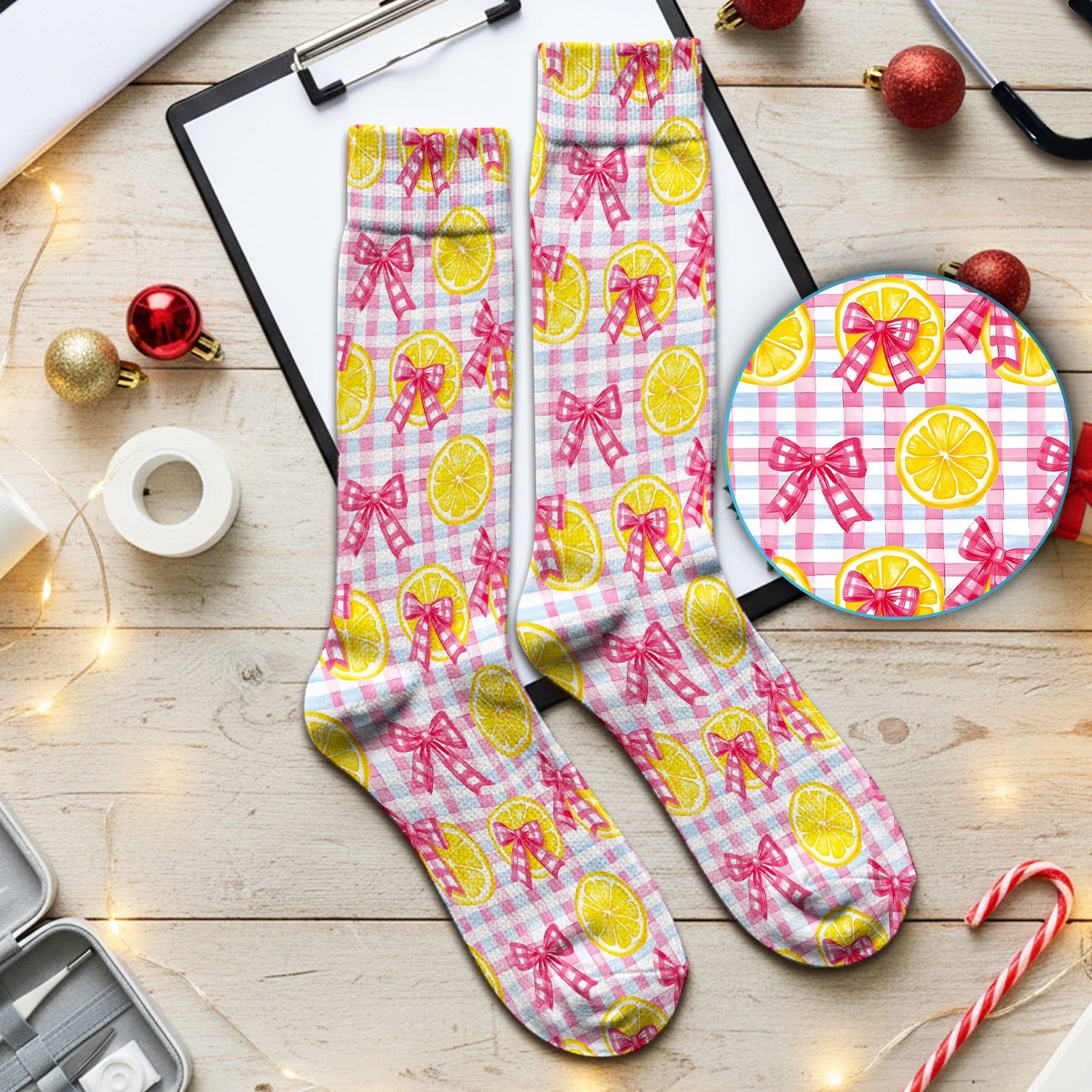 Cute Lemon Slice Pink Bow Gingham Pattern Socks, Adult Socks for Men and Women