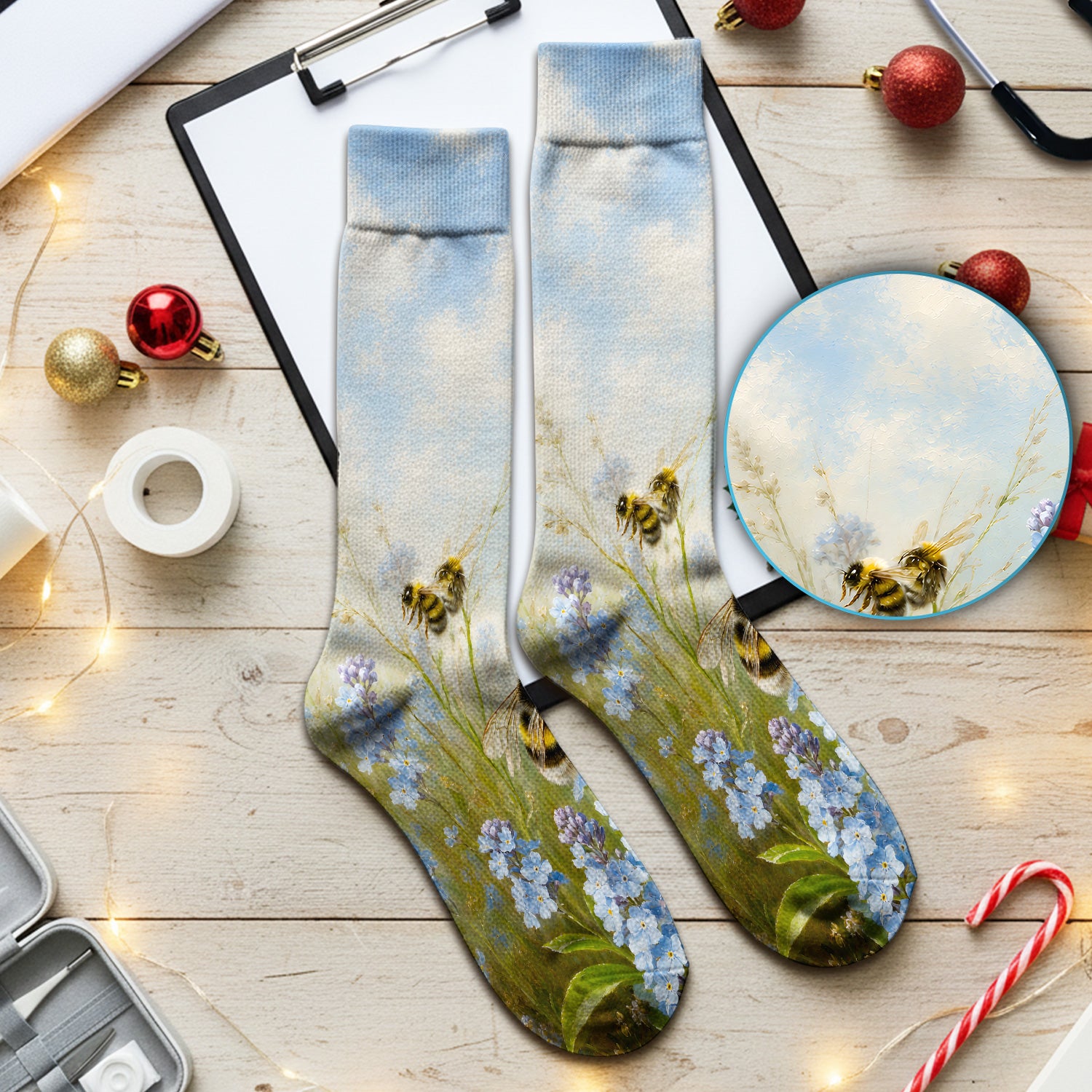 Whimsical Bumblebee Blue Blossom Pattern Socks, Adult Socks for Men and Women