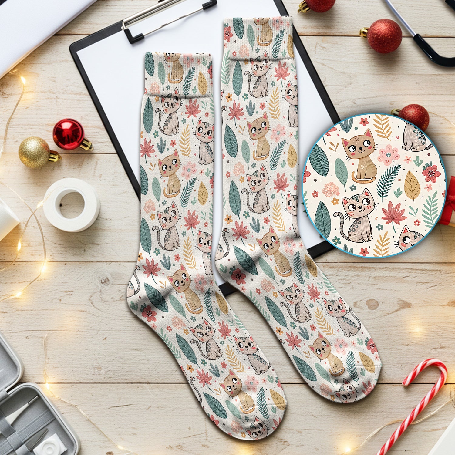Cute Cartoon Cat Floral Leaf Pattern Socks, Breathable Fabrics Medical Uniform