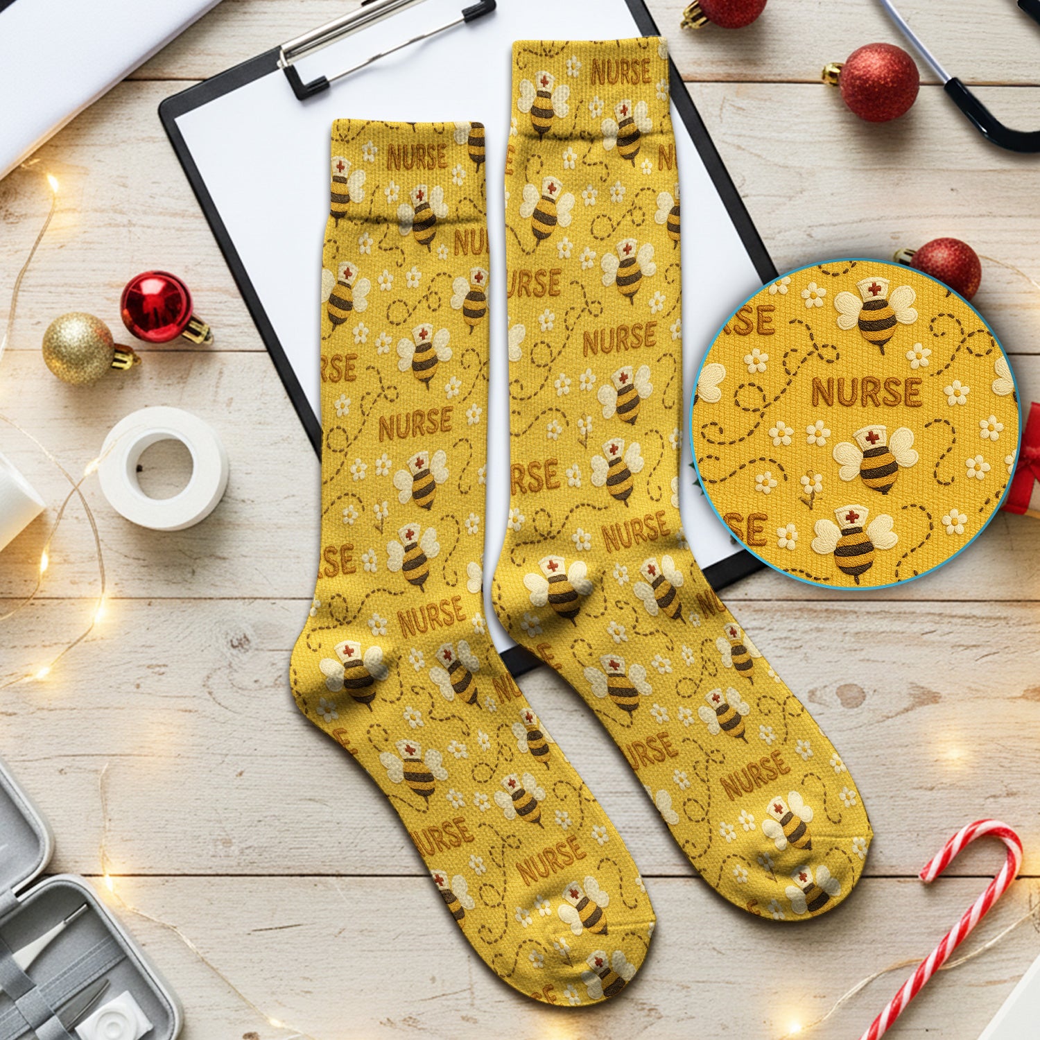Honey Bee Nurse Scrub Socks – Cute Bumblebee Medical Pattern – Cheerful Uniform for Nurses, Vets and Healthcare Workers