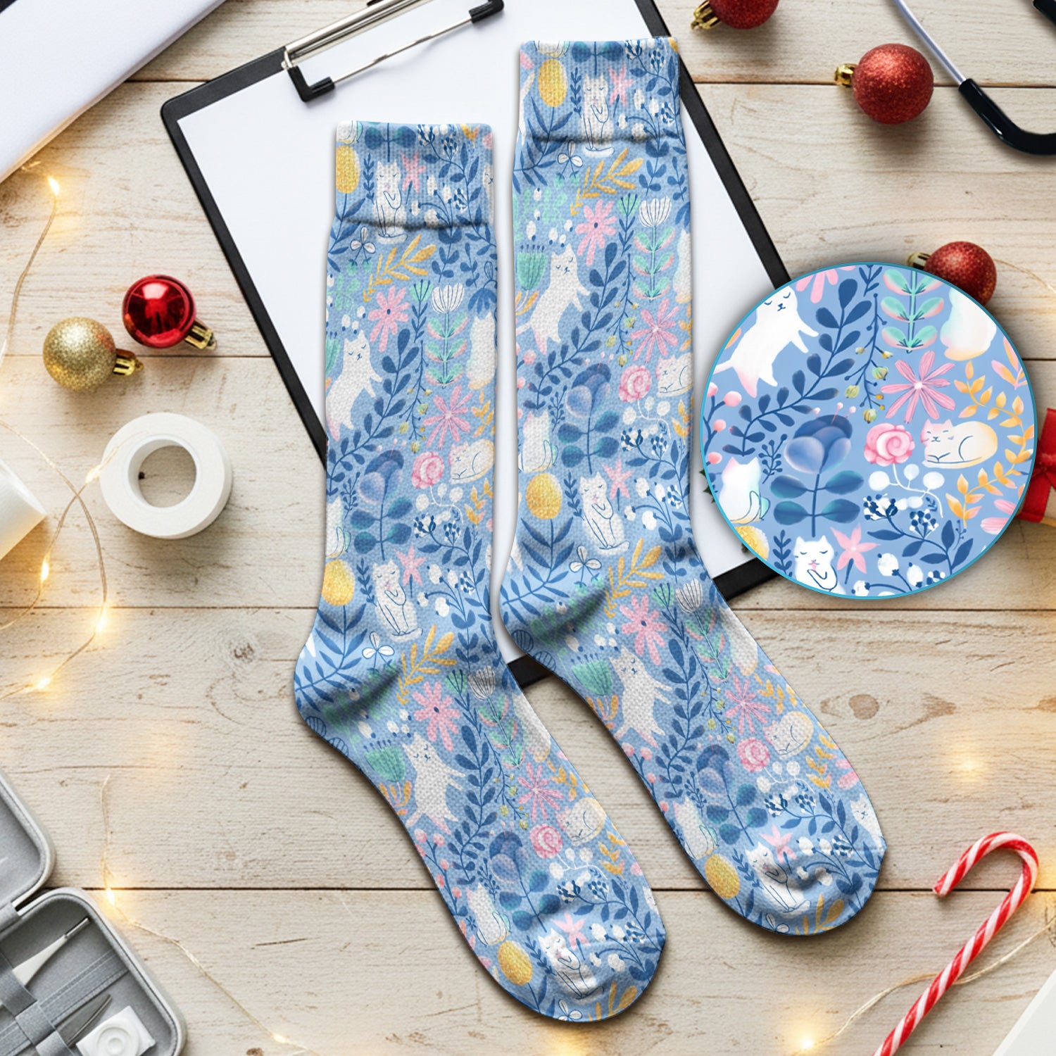 Whimsical Cat Floral Pattern Socks, Socks for Nurse Doctor