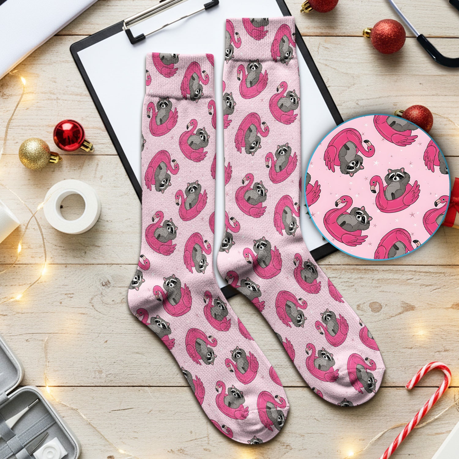 Cute Raccoon Flamingo Float Pattern Socks, Adult Socks for Men and Women
