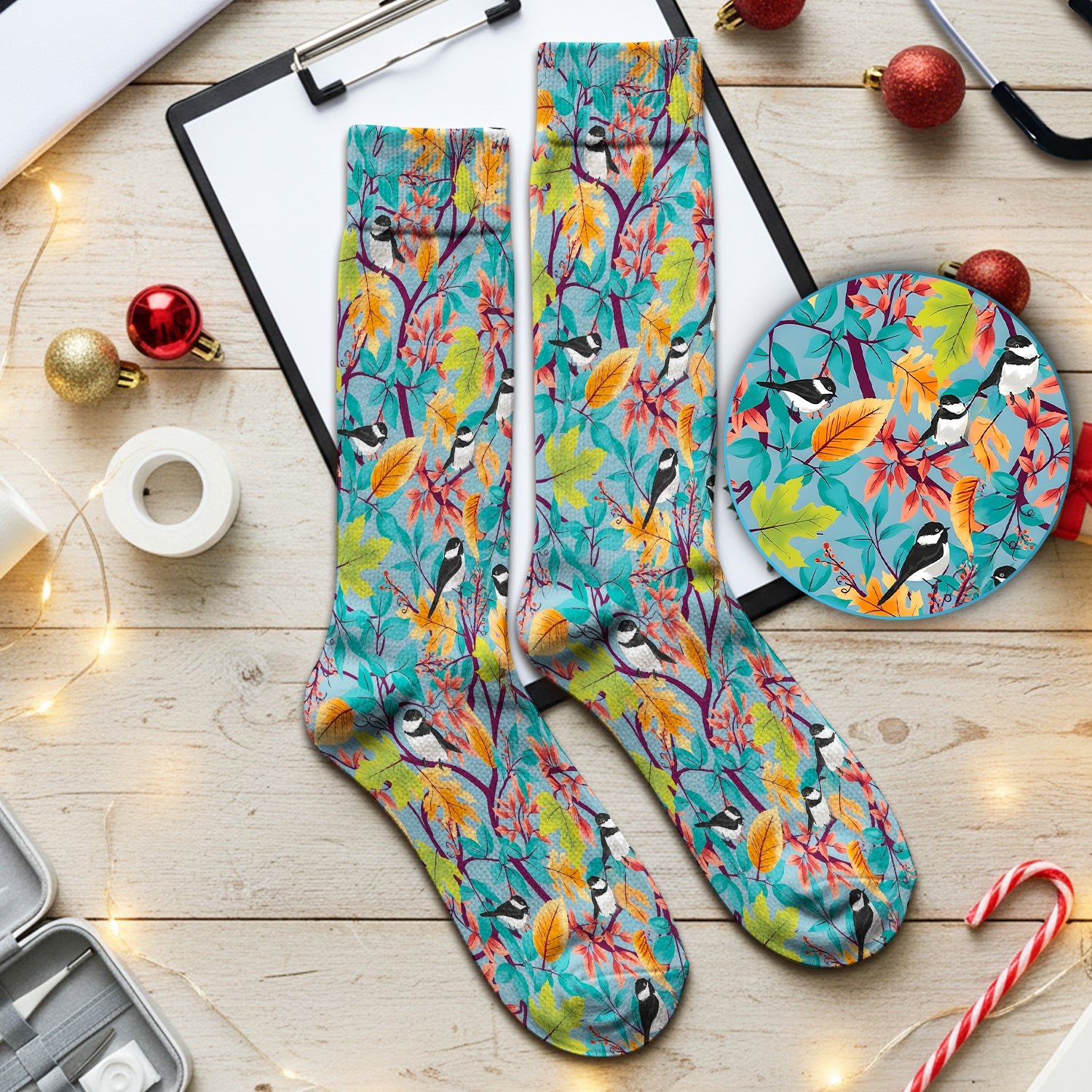 Autumn Leaf Chickadee Bird Pattern Socks, Breathable Fabrics Medical Uniform