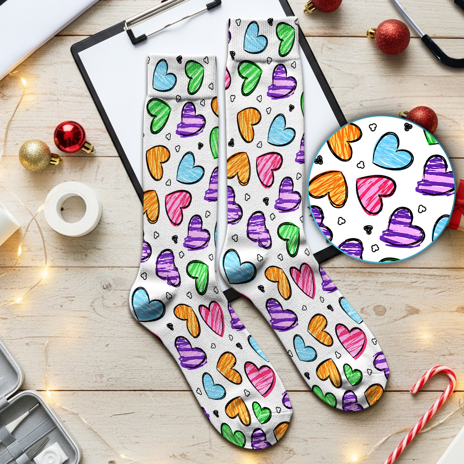Colorful Doodle Heart Pattern Socks, Adult Socks for Men and Women