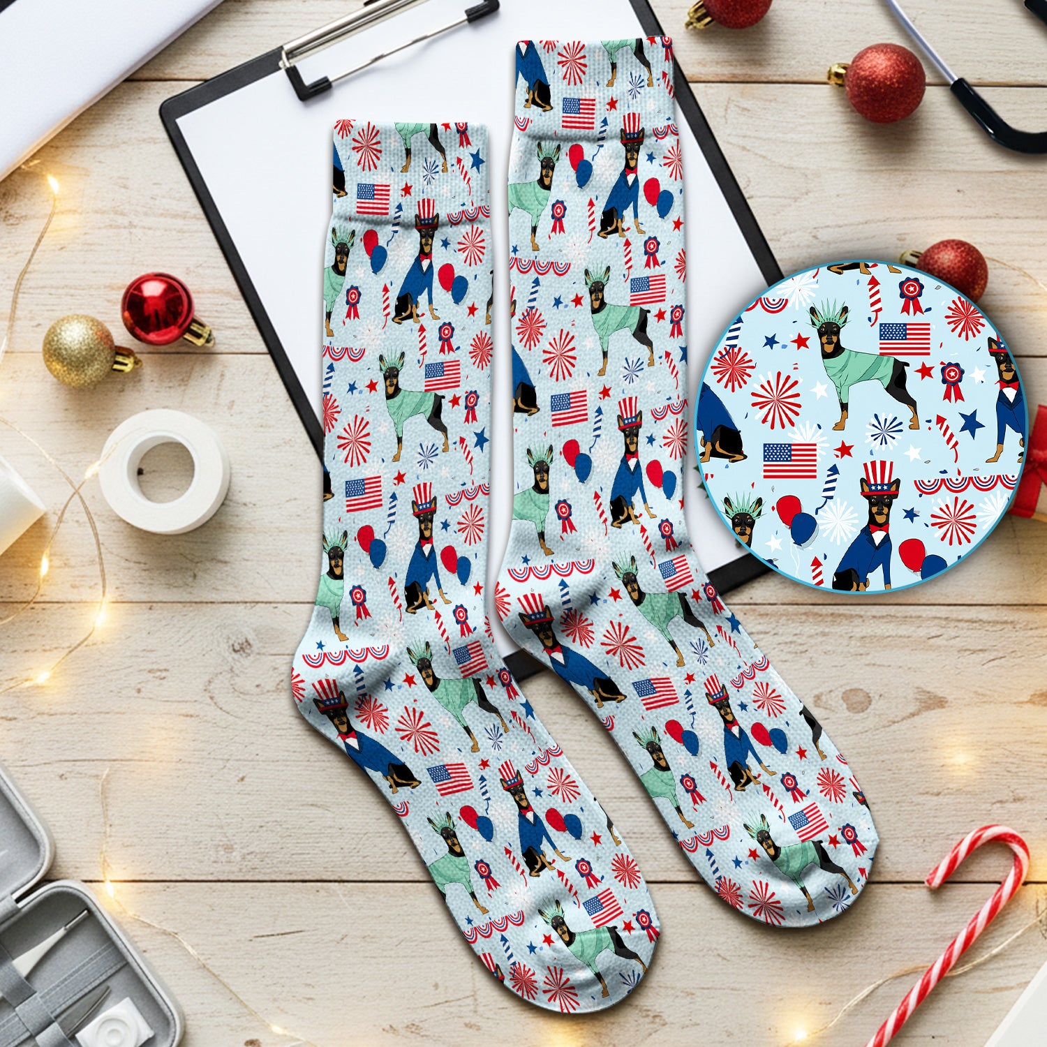 Patriotic Doberman Liberty Fireworks Pattern Socks, Adult Socks for Men and Women