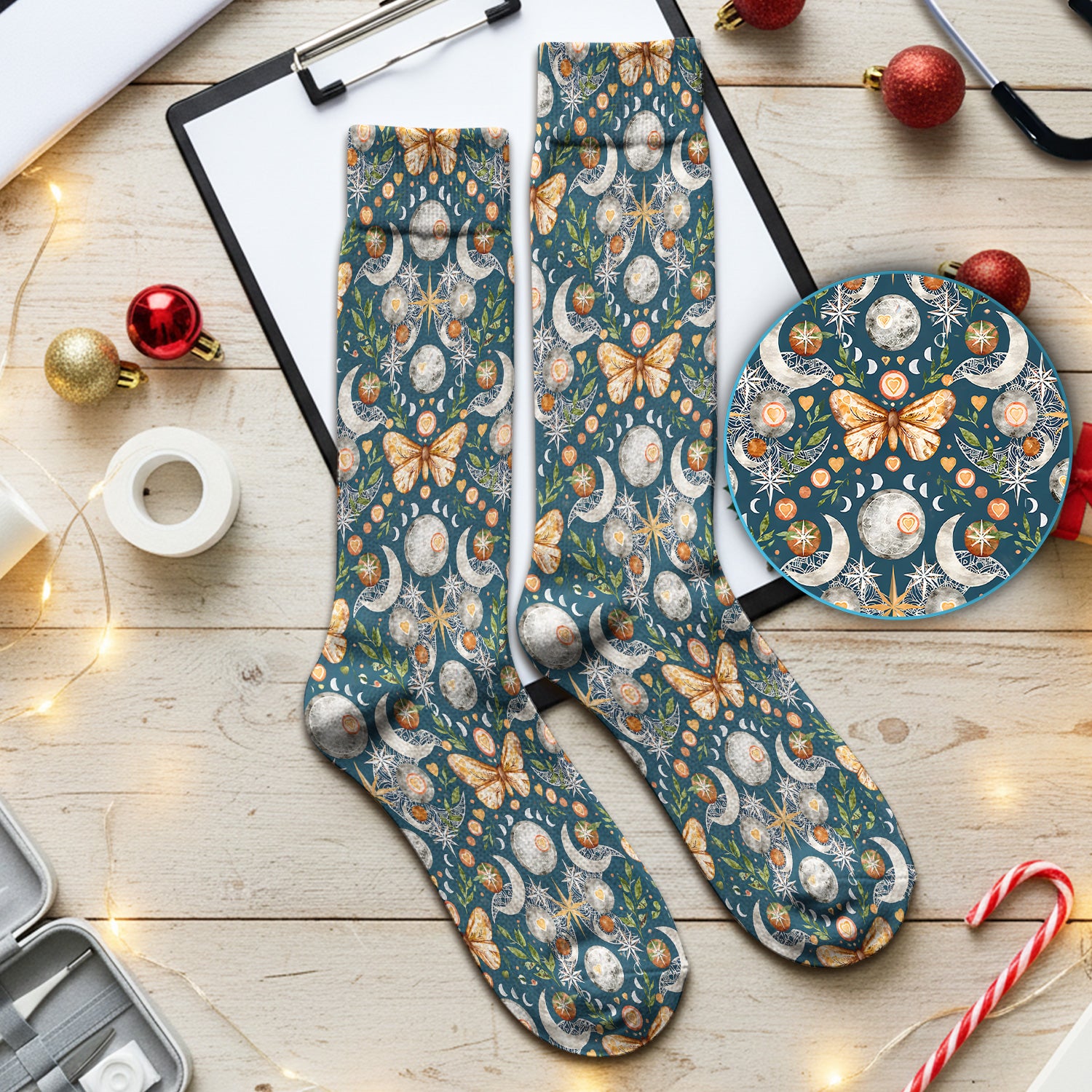 Celestial Butterfly Moonlight Pattern Socks, Adult Socks for Men and Women