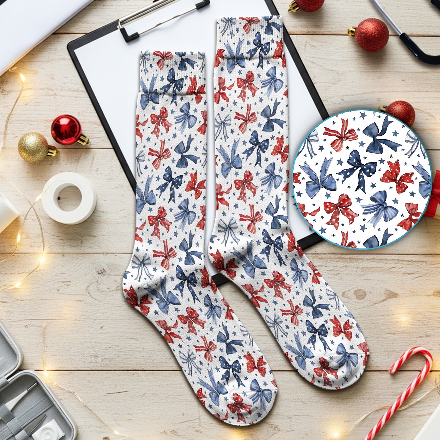 Patriotic Red Blue Ribbon Pattern Socks, Adult Socks for Men and Women