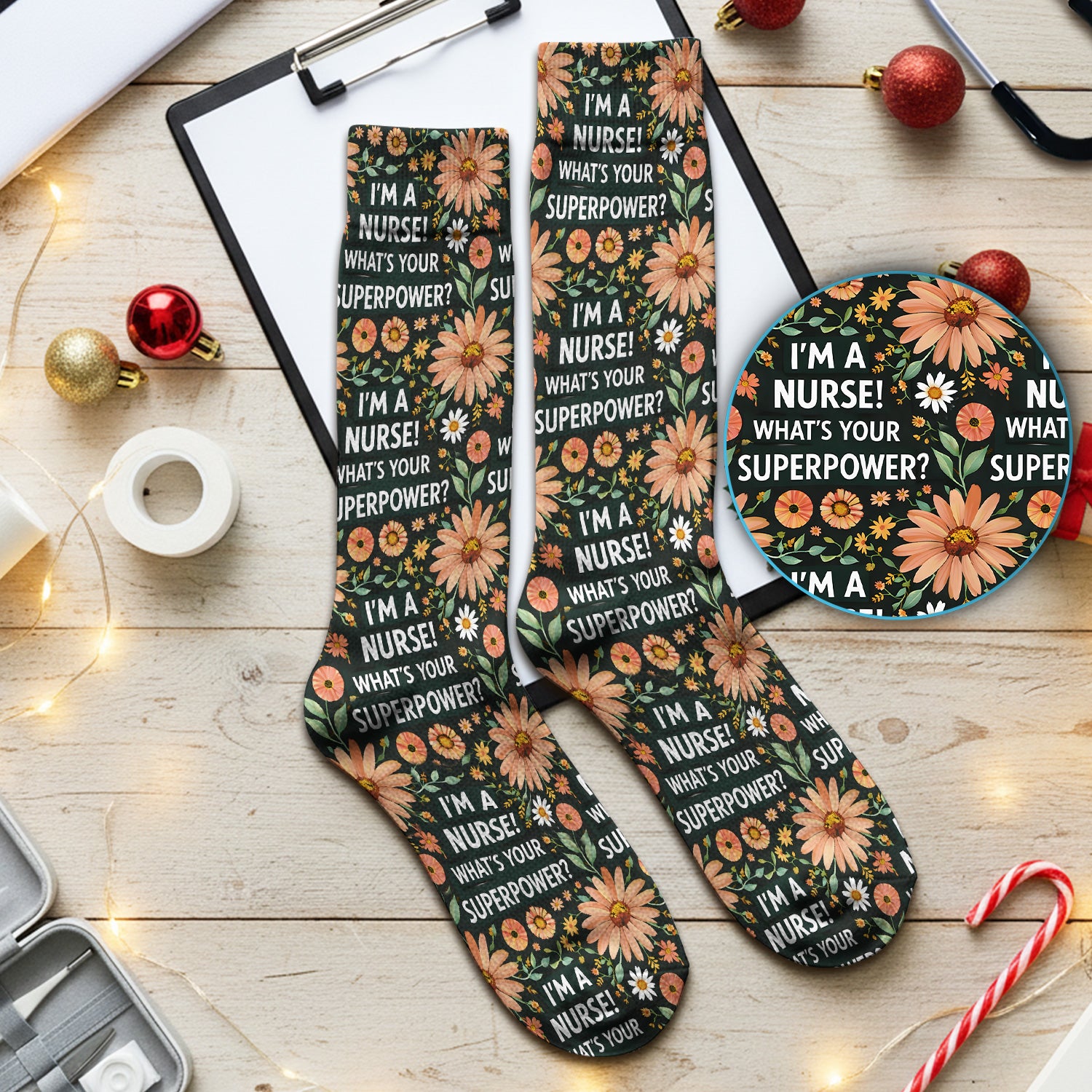 Funny Nurse Superpower Floral Pattern Socks, Cute Medical Staff Socks