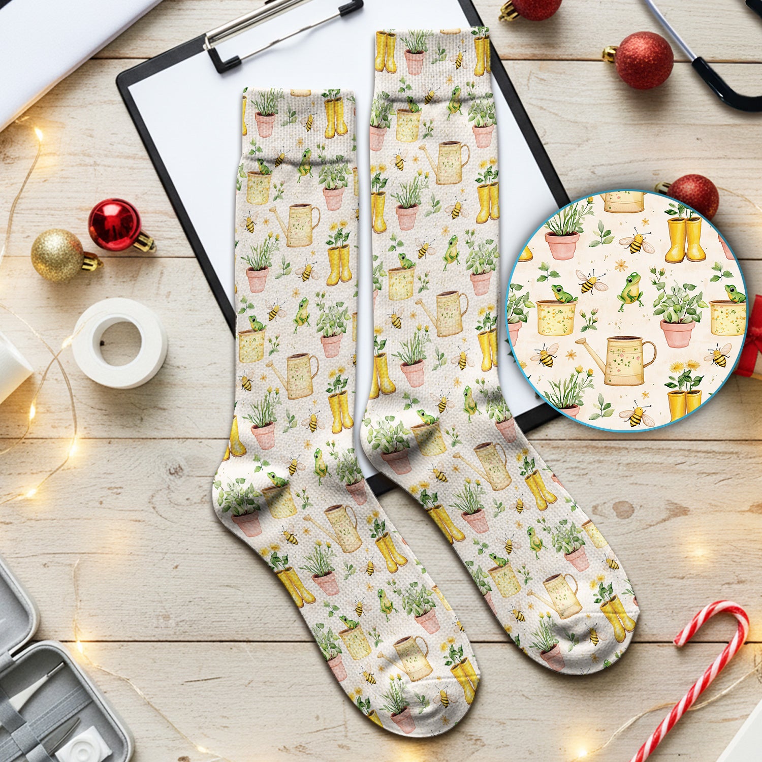 Cute Nurse Frog And Bee Garden Pattern Socks, Adult Socks for Men and Women