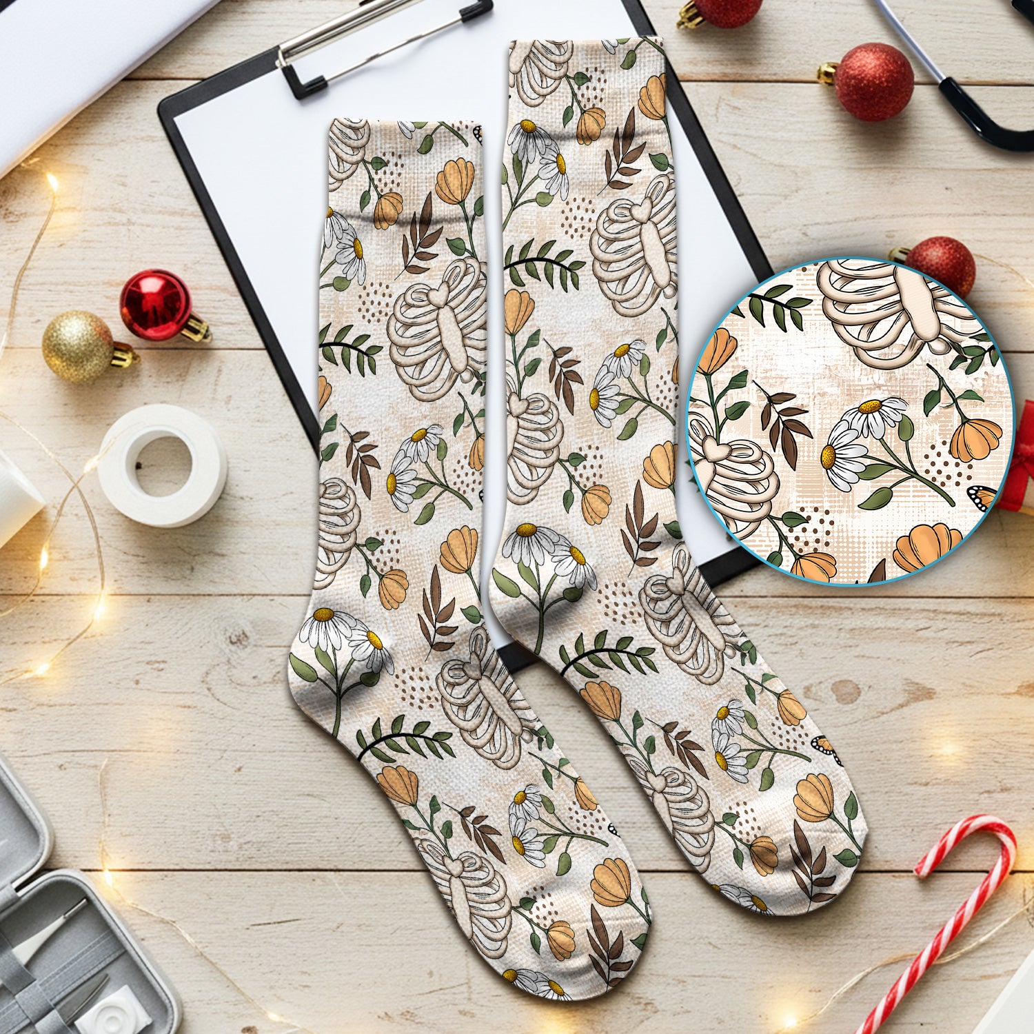 Skeleton Ribcage With Daisy And Butterfly Floral Socks, Adult Socks for Men and Women