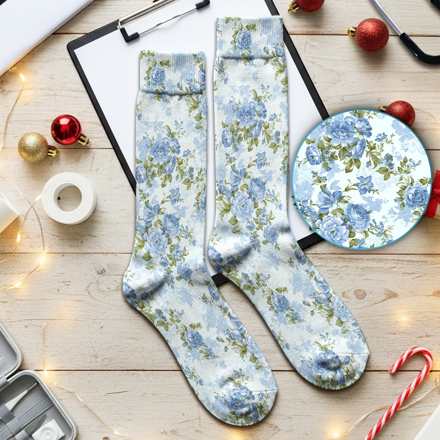 Cute Blue Floral Pattern Socks, Socks for Nurse Doctor