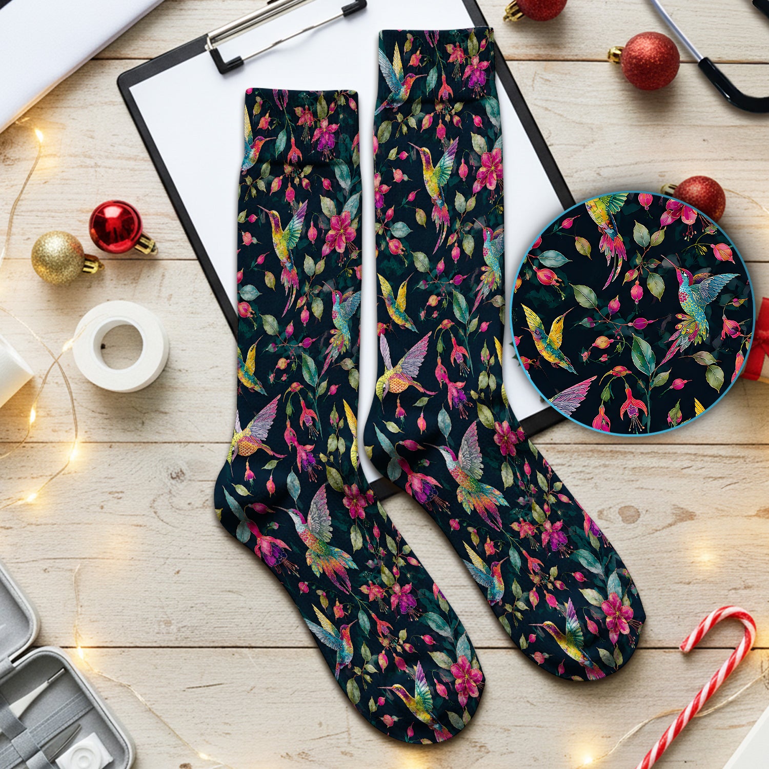Hummingbird Fuchsia Bloom Pattern Socks, Adult Socks for Men and Women