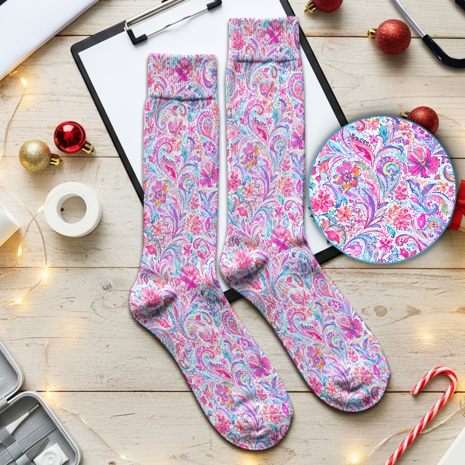 Elegant Pink Paisley Blossom Pattern Socks, Adult Socks for Men and Women