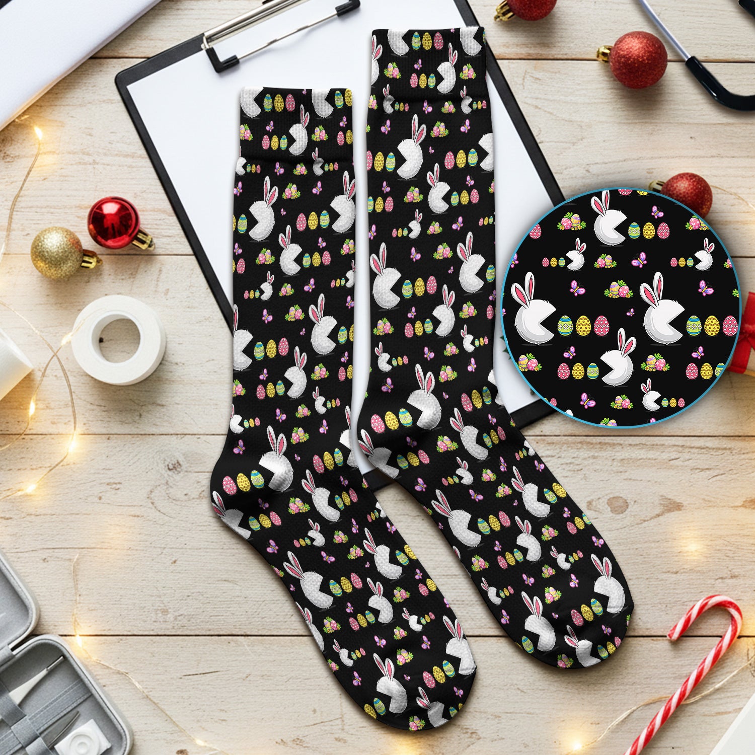 Easter Bunny and Colorful Eggs Print Socks, Breathable Fabrics Medical Uniform