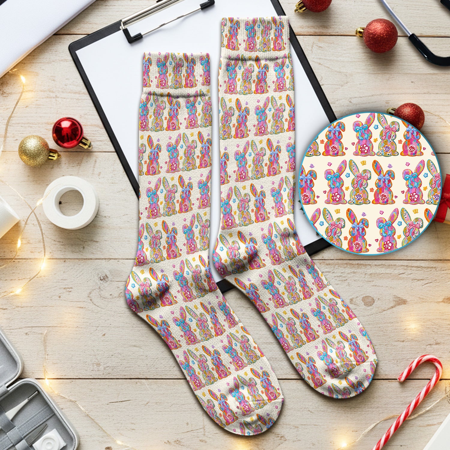 Cute Pastel Bunny Floral Patternt Socks, Breathable Fabrics Medical Uniform