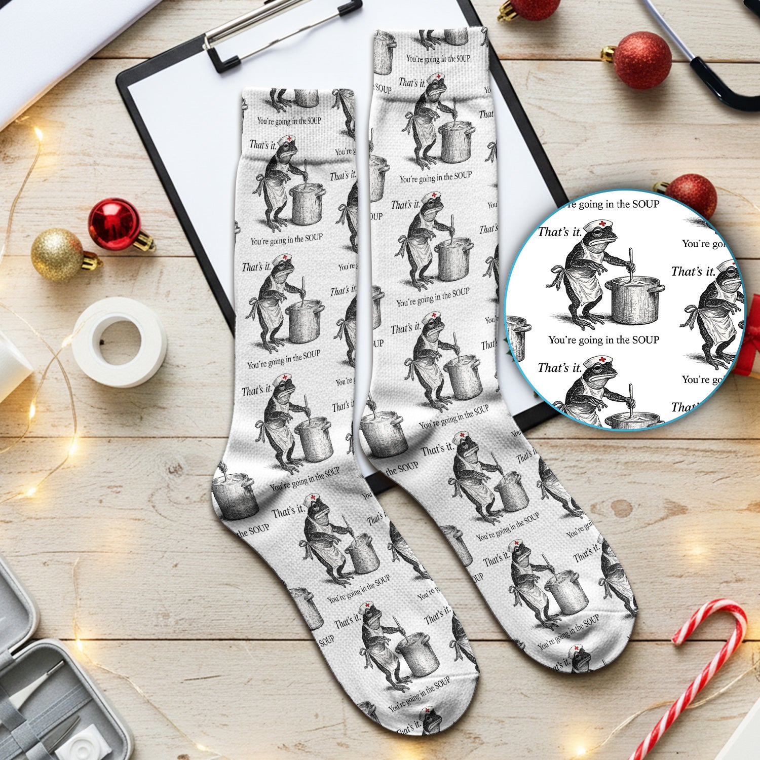 Funny Nurse Frog Cooking Soup Vintage Pattern Socks, Cute Medical Staff Socks