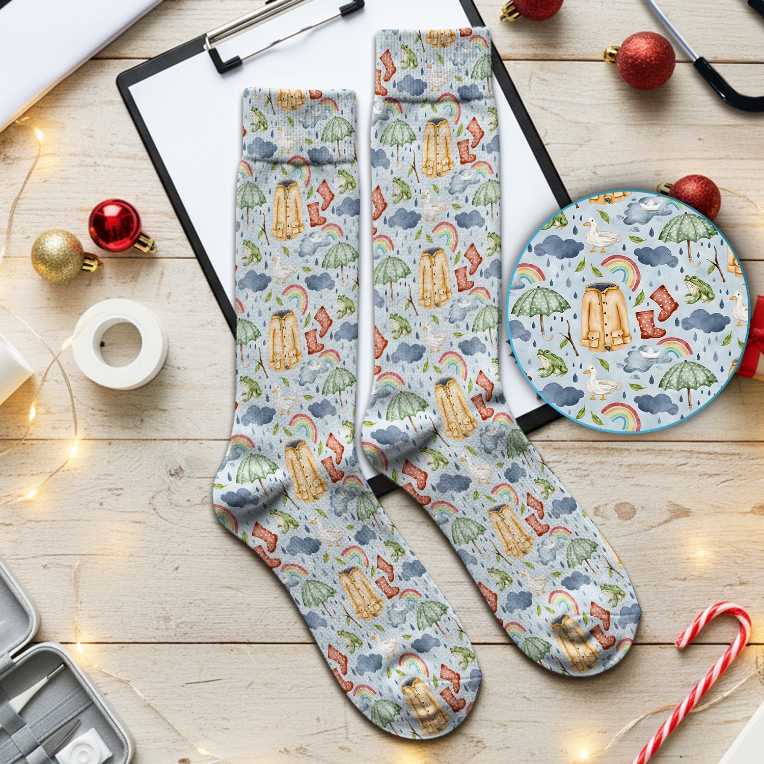 Cute Rainy Day Ducks & Frog Rainbow Pattern Socks, Breathable Fabrics Medical Uniform