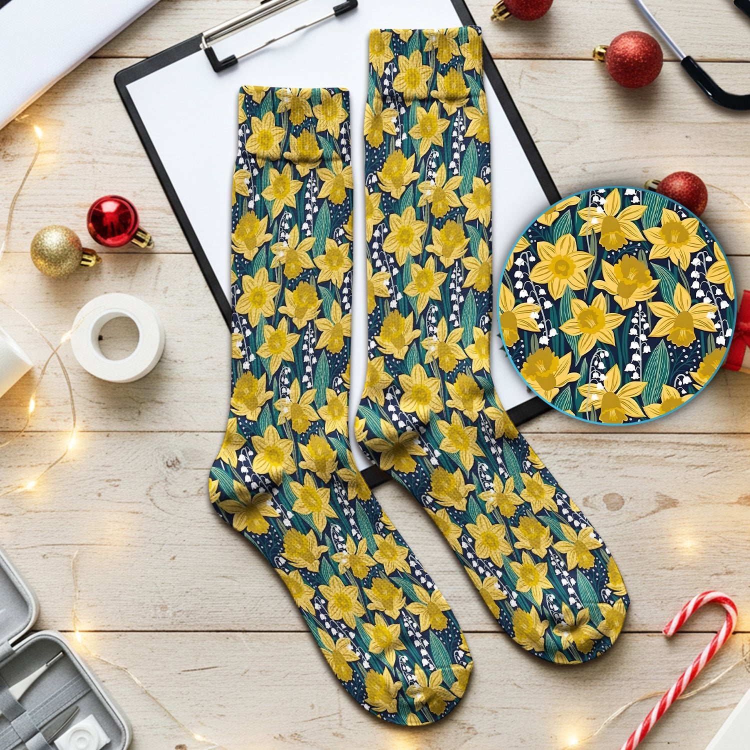 Yellow Daffodil Lily Valley Pattern Socks, Adult Socks for Men and Women