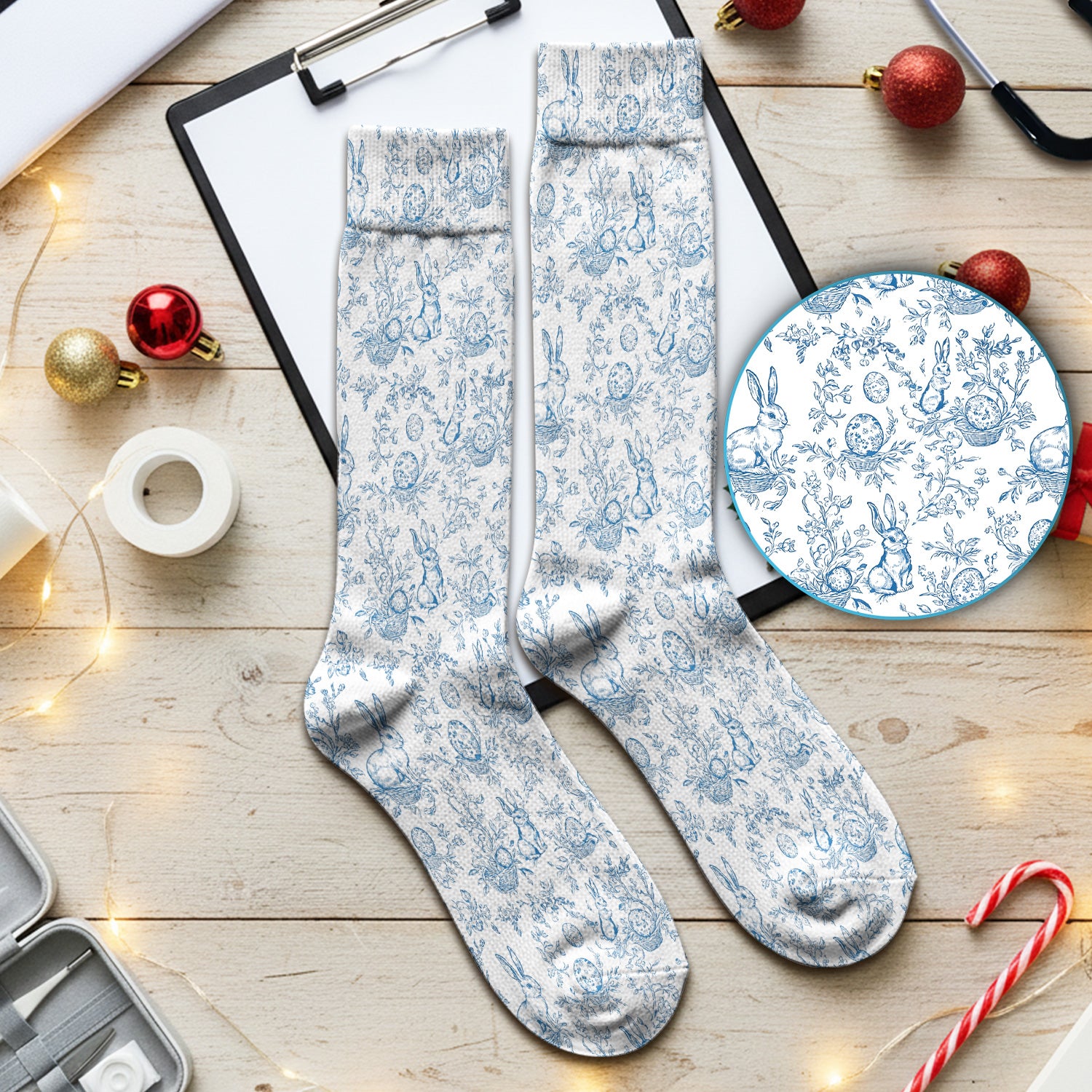 Easter Bunny Floral Egg Toile Pattern Design Socks, Breathable Fabrics Medical Uniform