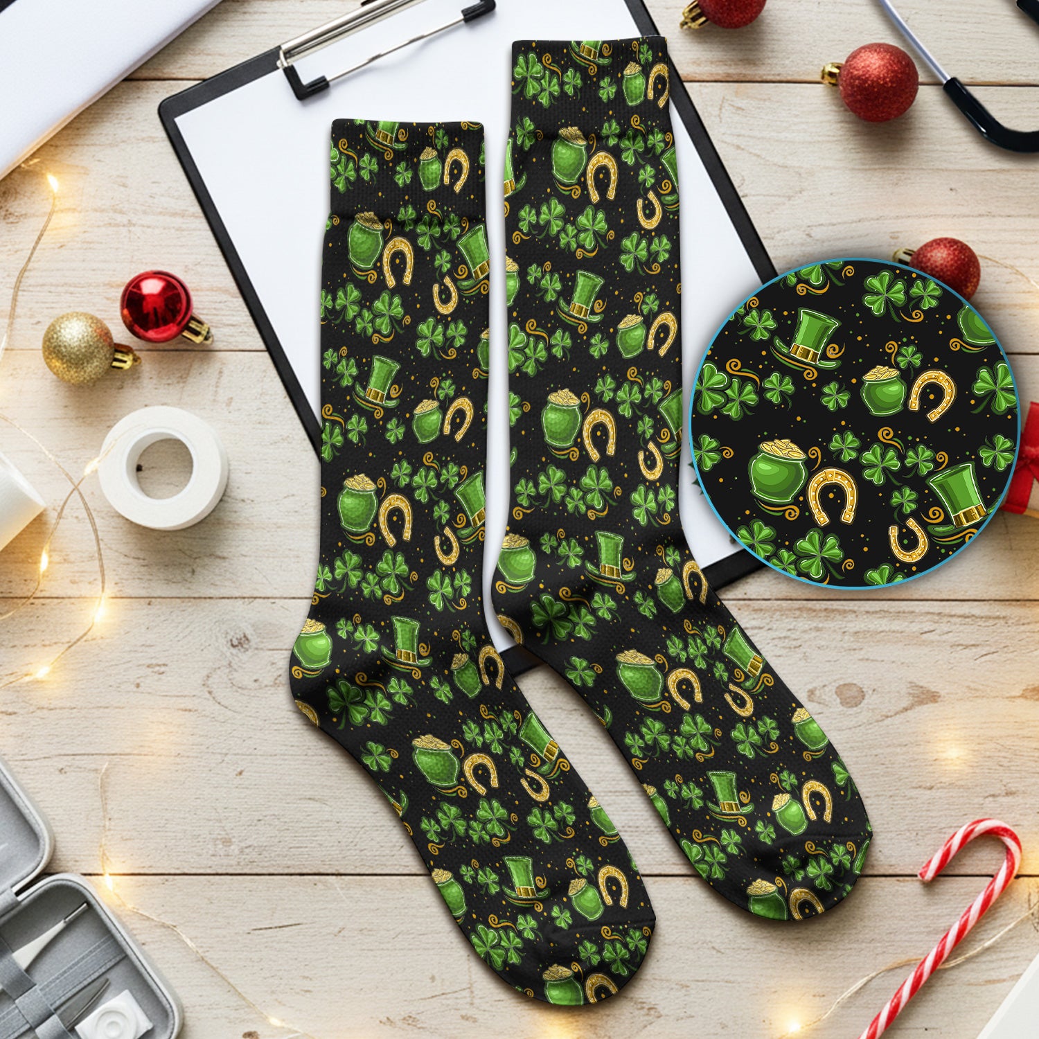 St. Patrick Shamrock Pattern Socks, Adult Socks for Men and Women