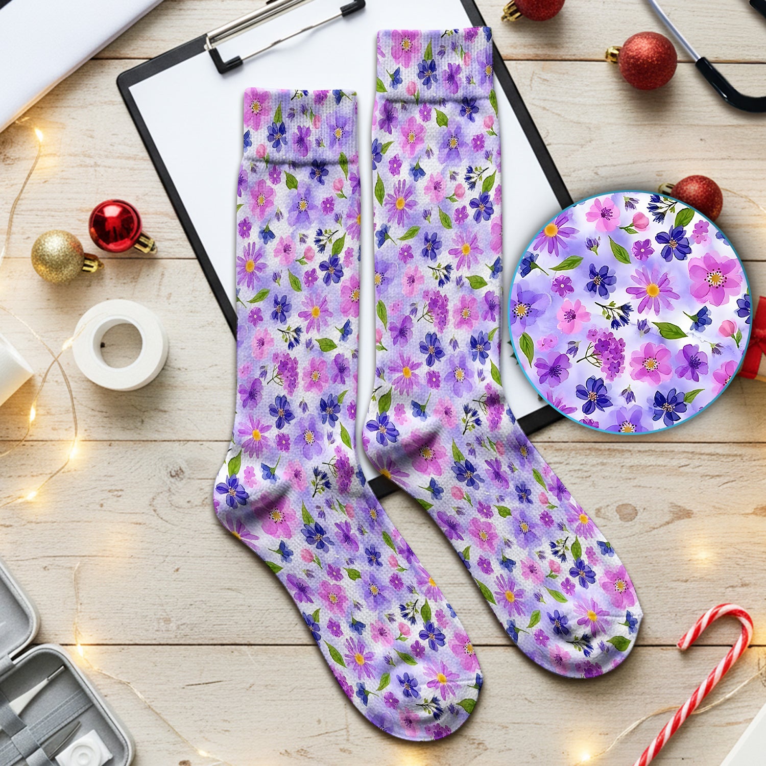 Purple Watercolor Wildflower Bloom Pattern Socks, Adult Socks for Men and Women