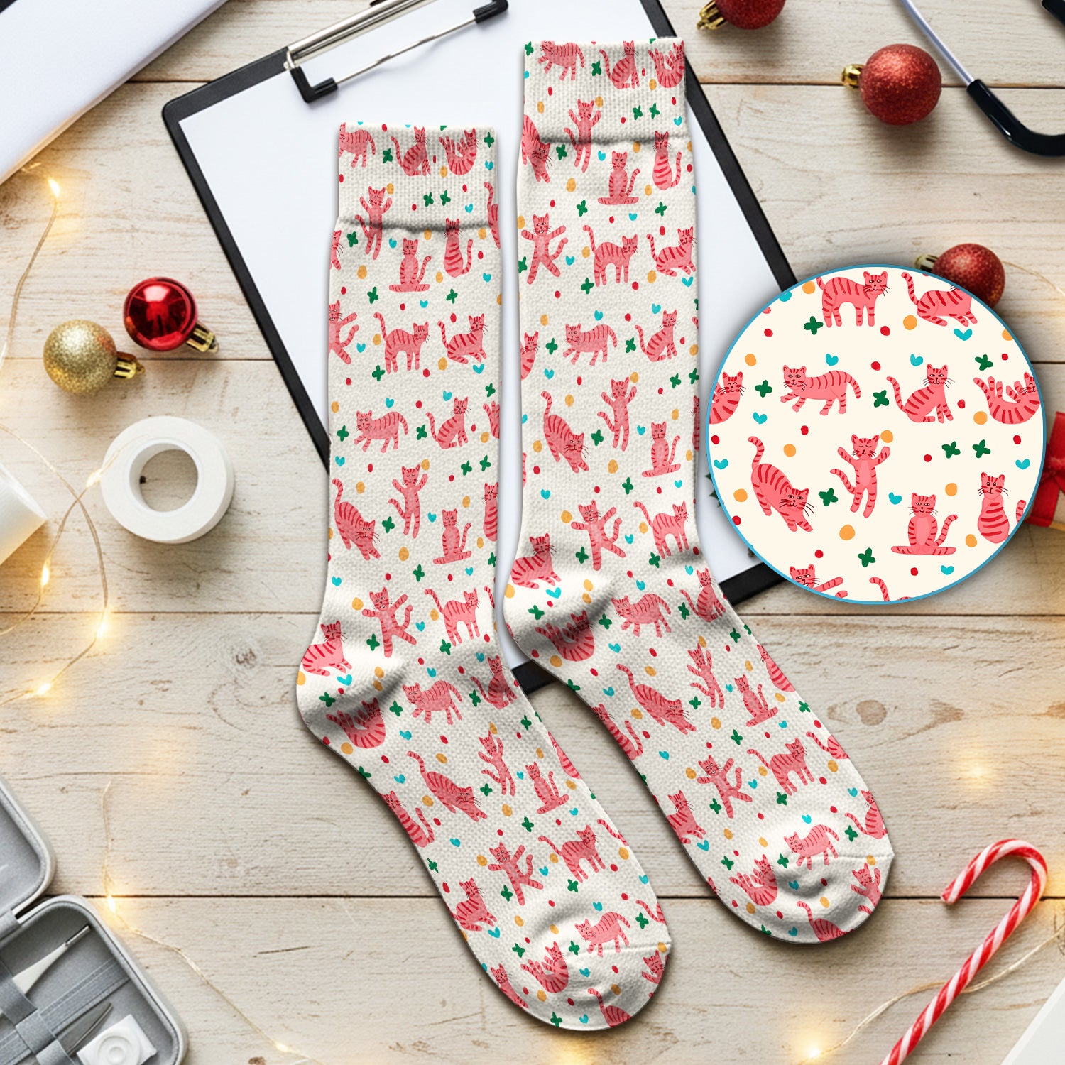 Cute Pink Cat Pattern Medical Socks, Adult Socks for Men and Women