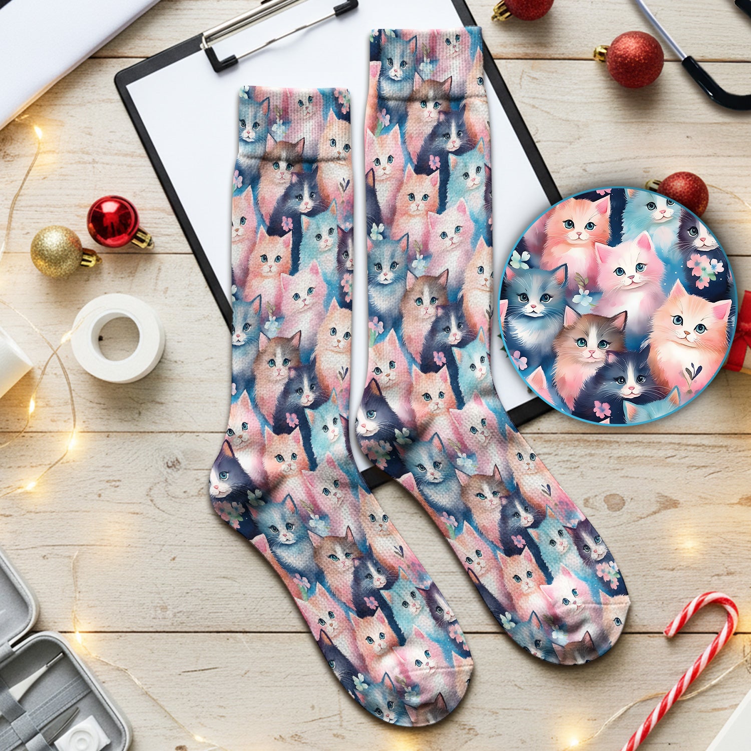 Pastel Kitten Nurse Socks, Cute Aesthetic Cat Medical Socks for Women