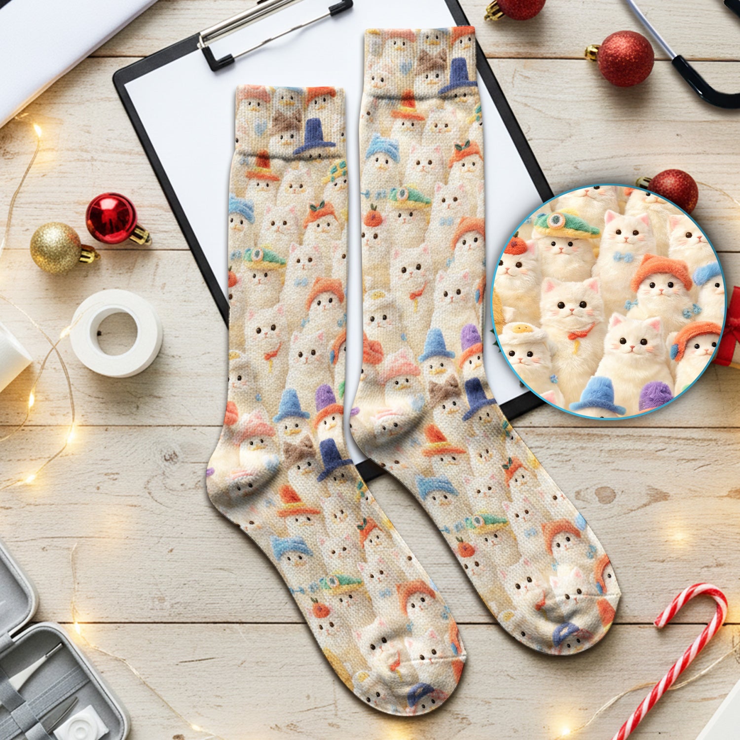 Adorable Cats Wearing Colorful Hats Pattern Socks, Adult Socks for Men and Women
