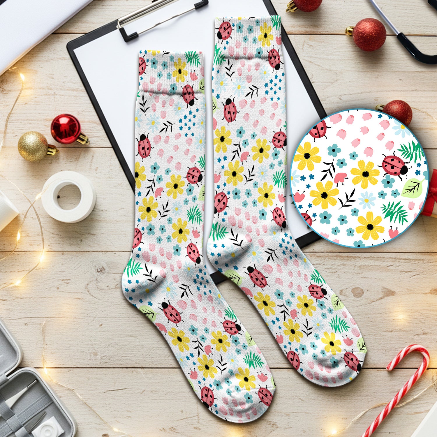 Cute Ladybug Floral Garden Print Socks, Adult Socks for Men and Women