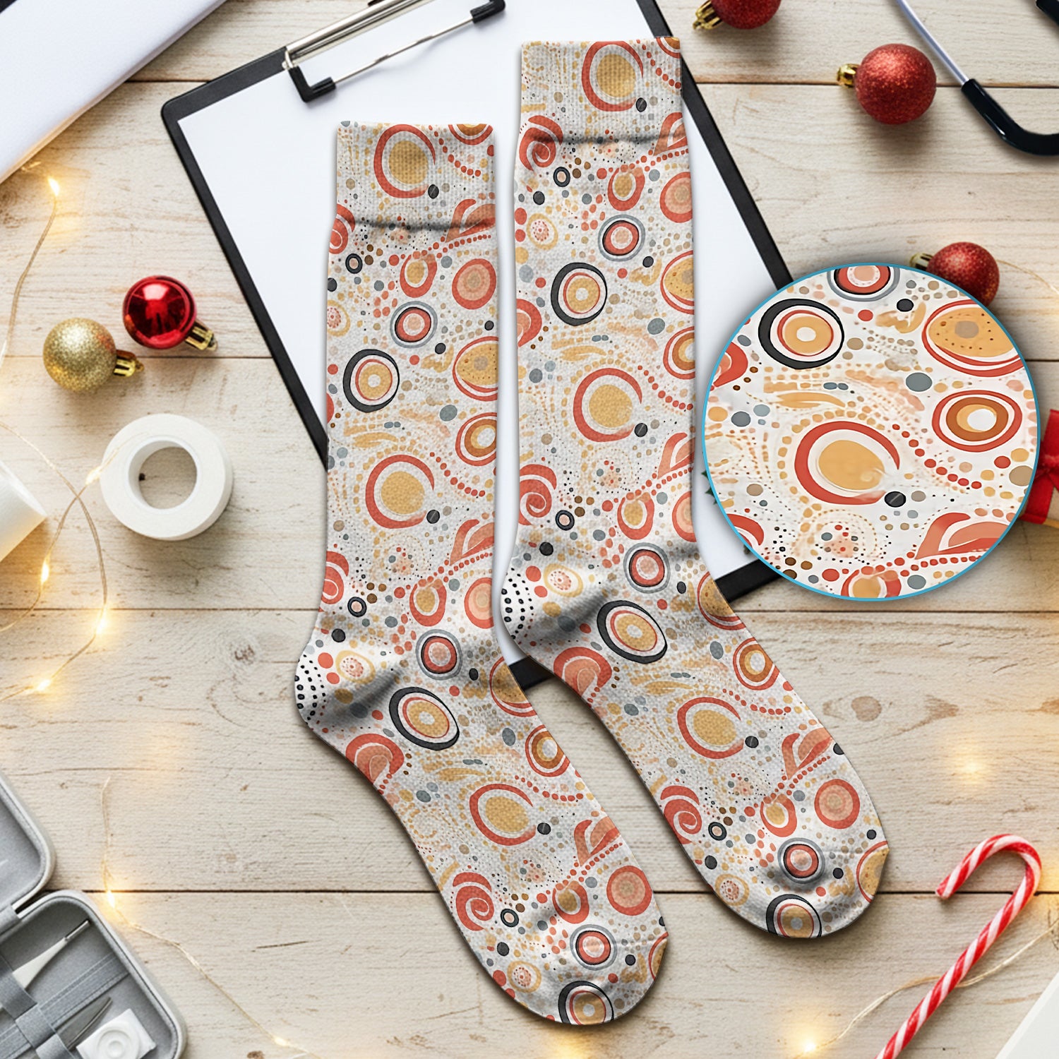 Abstract Earth Tone Dot Circle Pattern Medical Socks, Breathable Fabrics Medical Uniform