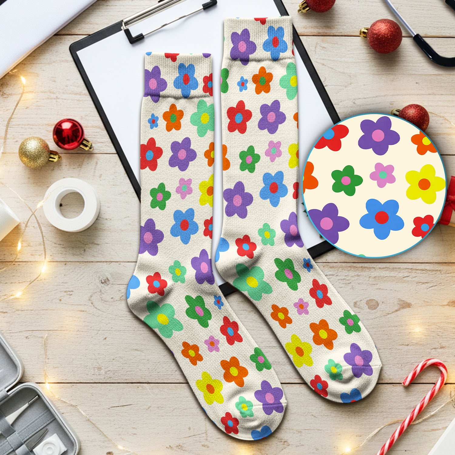 Colorful Retro Flower Pattern Print Socks, Breathable Fabrics Medical Uniform