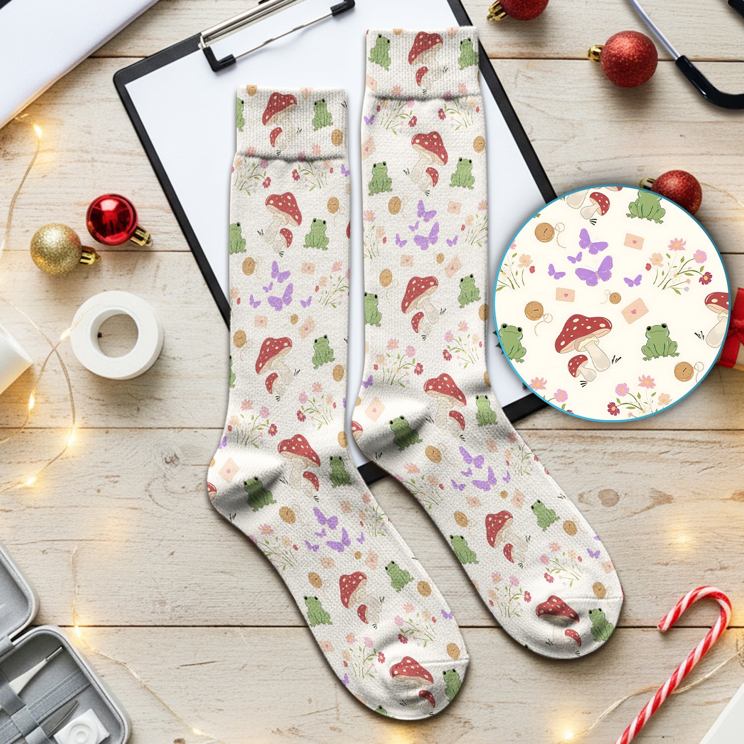 Adorable Nurse Frog and Mushroom Garden Print Nurse Socks, Adult Socks for Men and Women